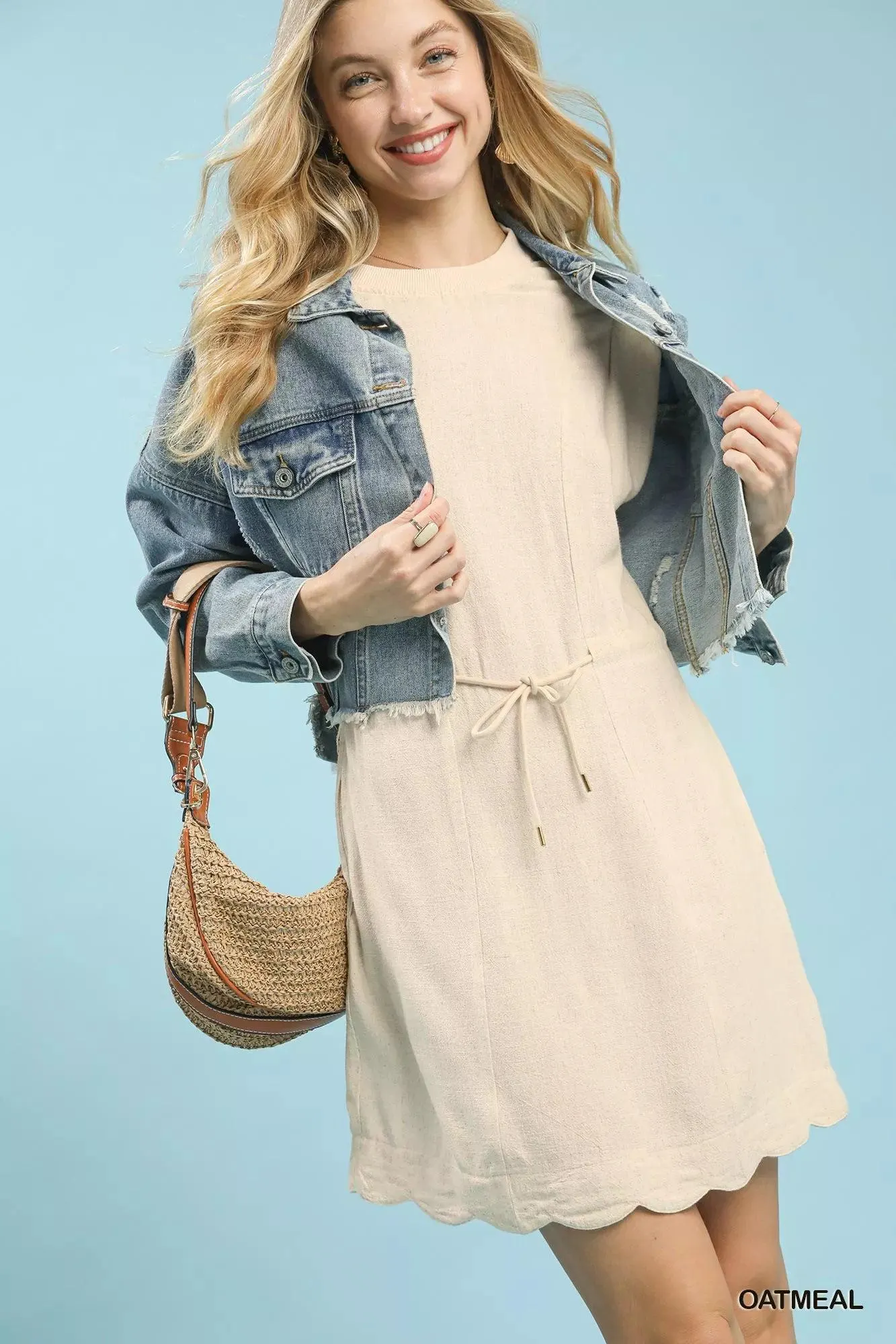 Oatmeal Linen Scallop Hem Mini Dress