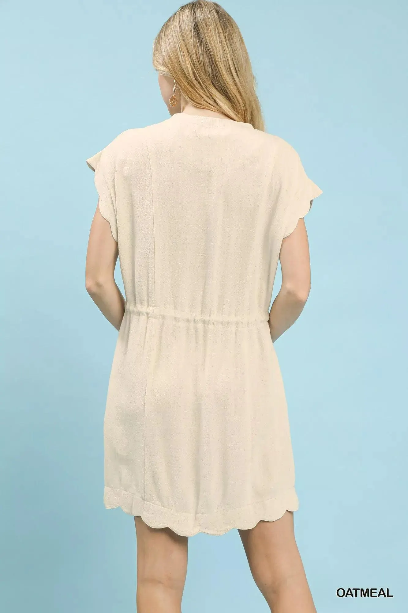 Oatmeal Linen Scallop Hem Mini Dress — view 3