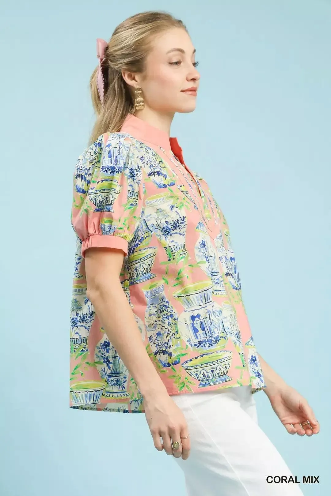 Porcelain Dreams Cotton Top in Coral — view 4