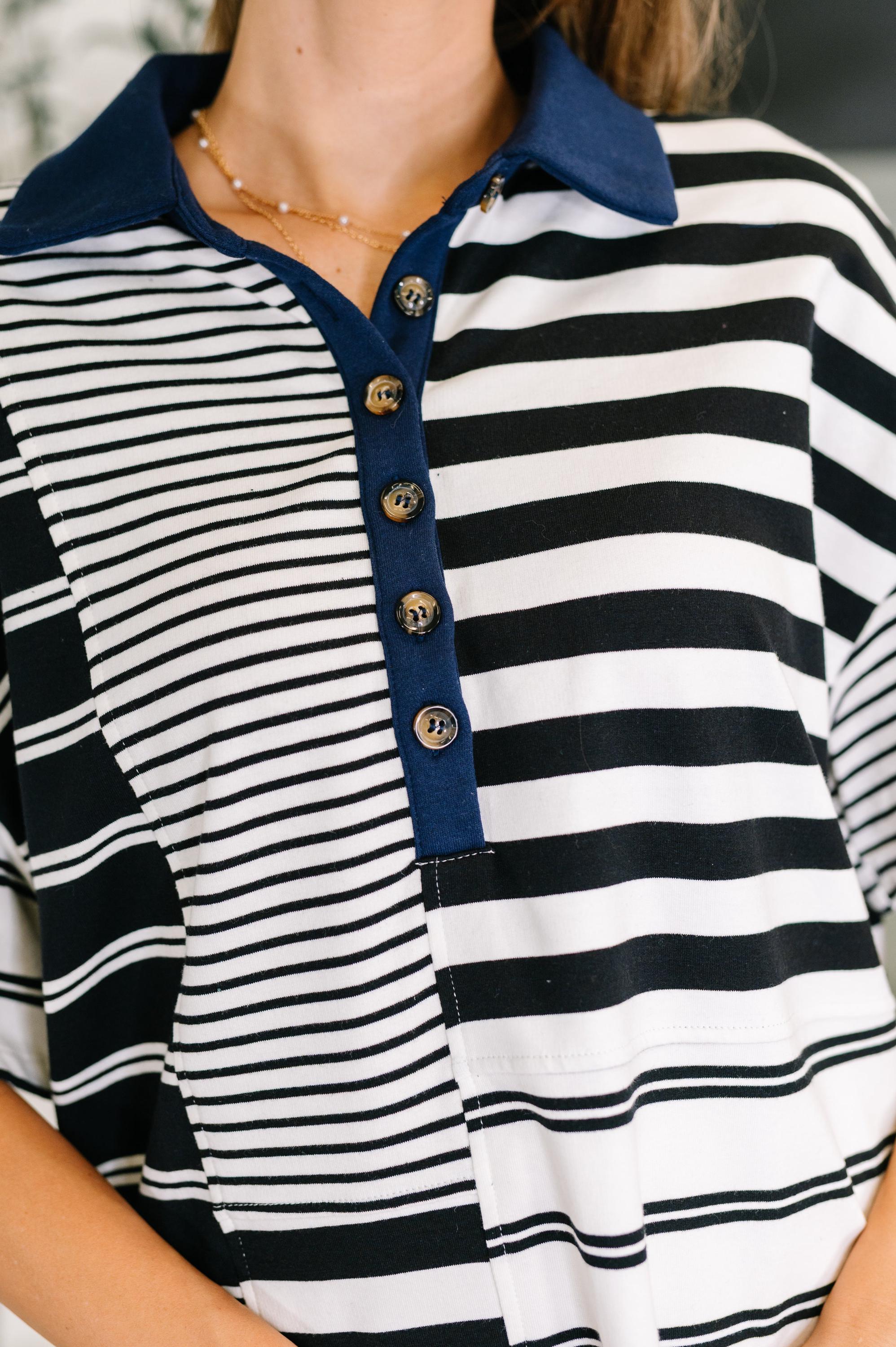 Everlasting Love Striped Collared Dress in Black and Navy — view 2
