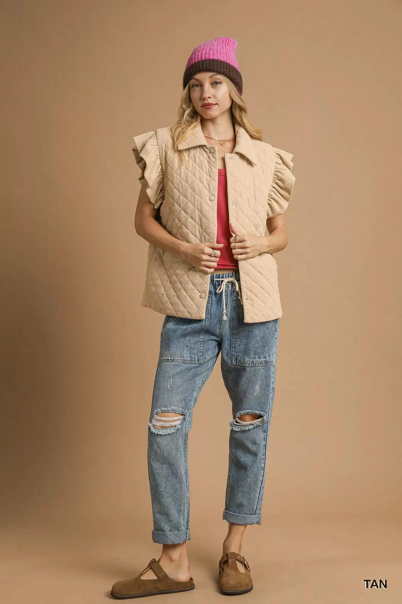 Quilted Cozy Corduroy Ruffle Vest in Beige — view 4