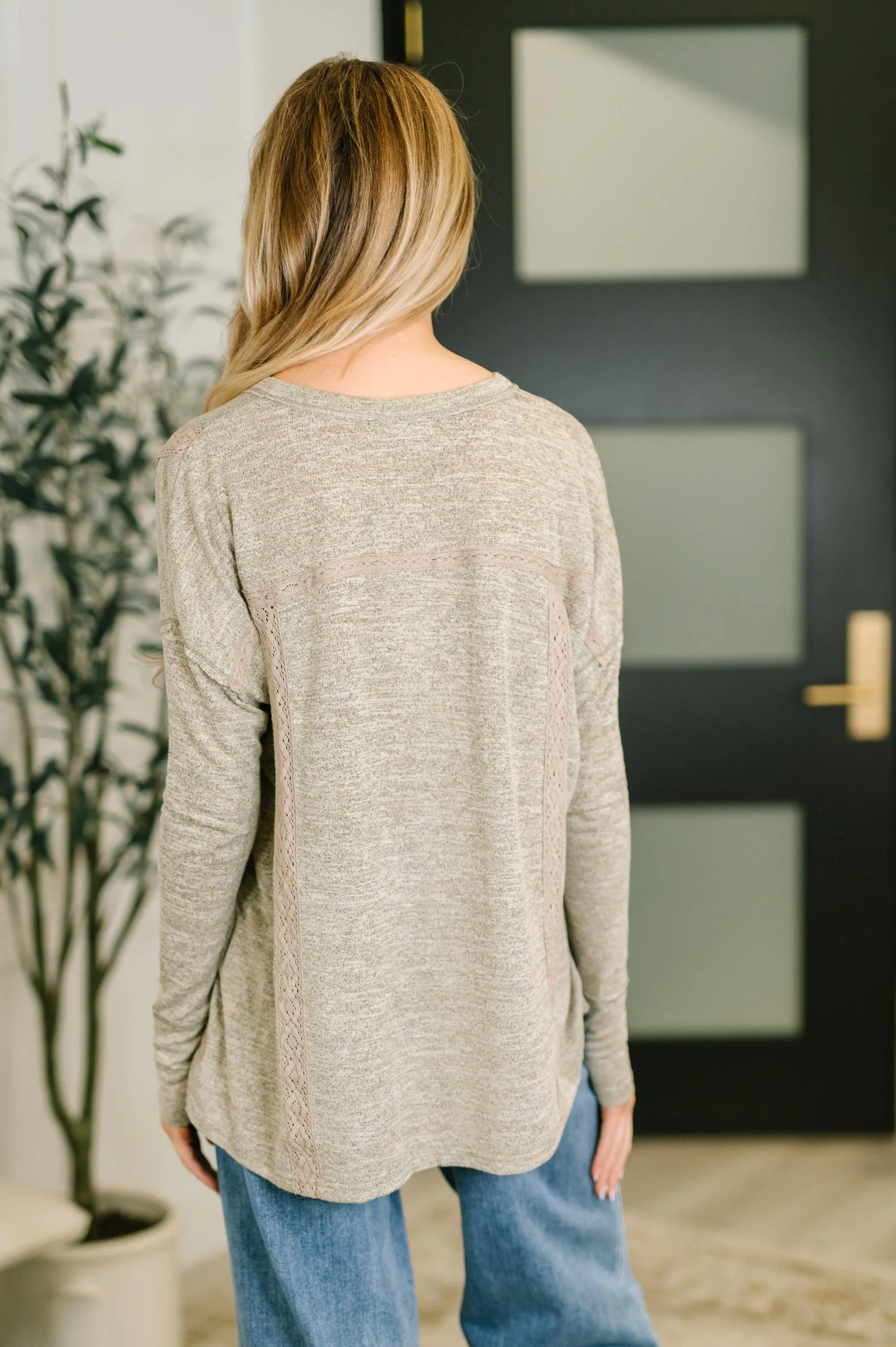 Never Been so Sure Lace Accent Henley Top in Taupe — view 5