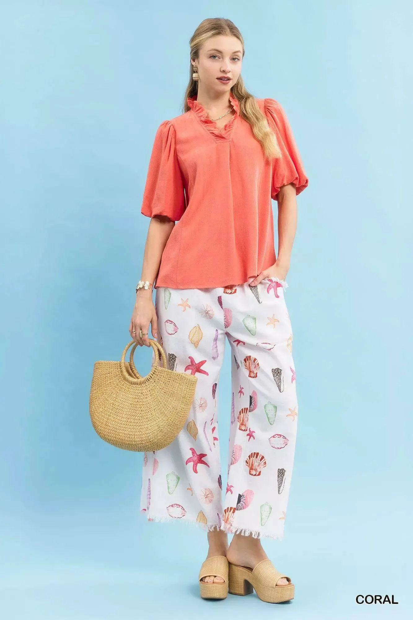 Coral Reef Linen Scallop Ruffle Blouse — view 5