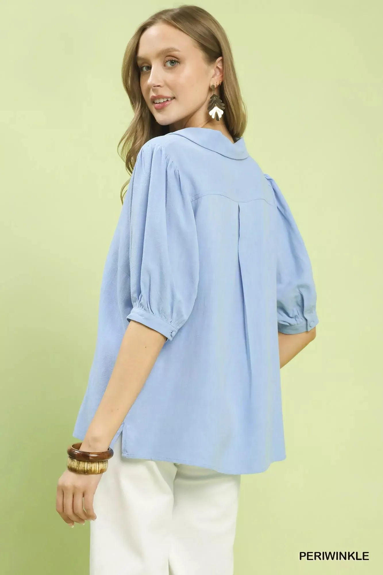 Watering the Garden Linen Blouse in Periwinkle — view 3