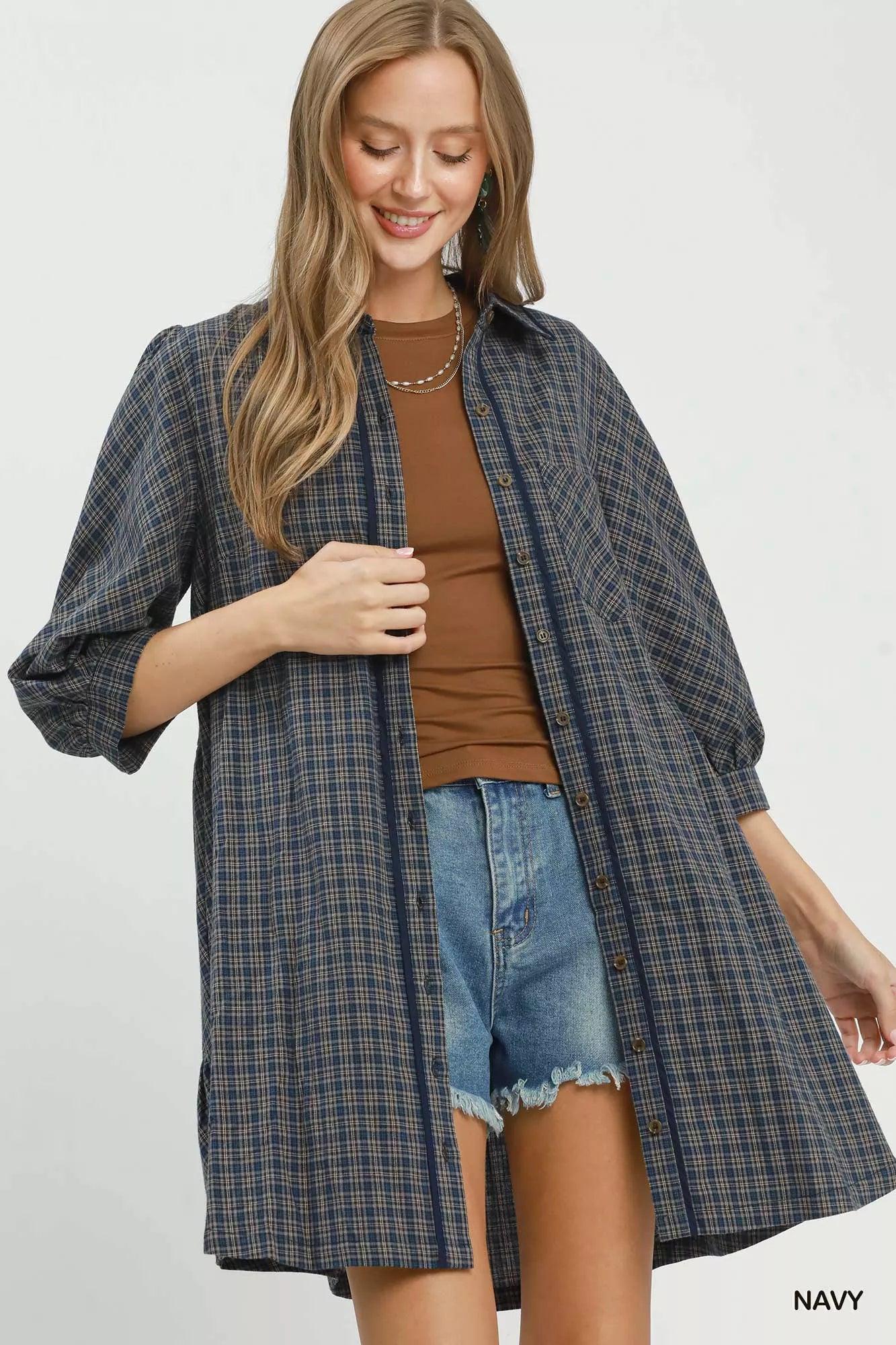 Preppy Plaid Cotton Shirt Dress — view 4