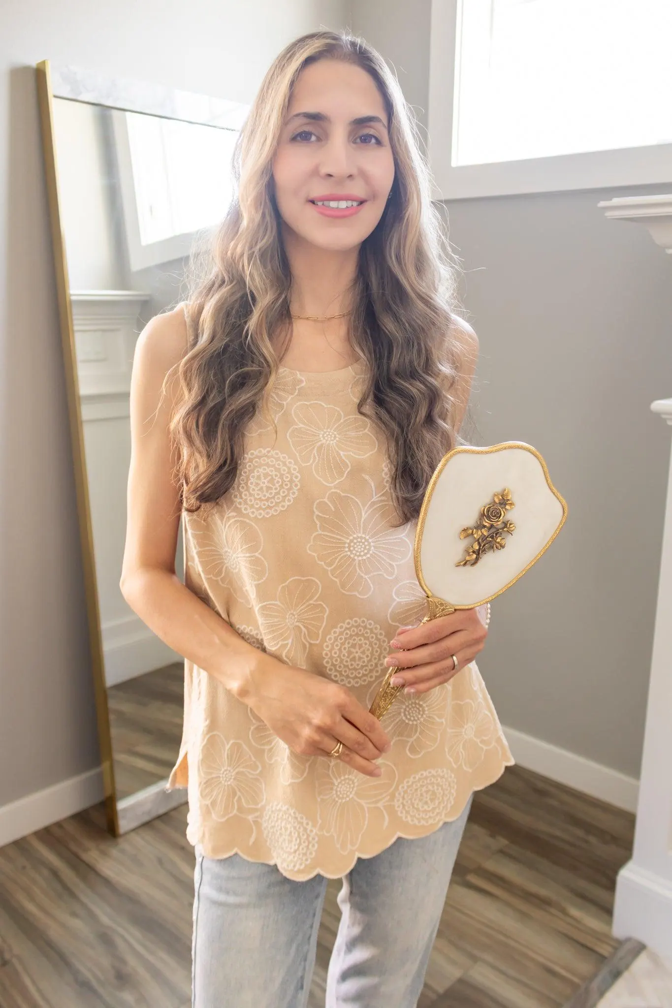 Floral Embroidery Linen Top in Sand — view 10