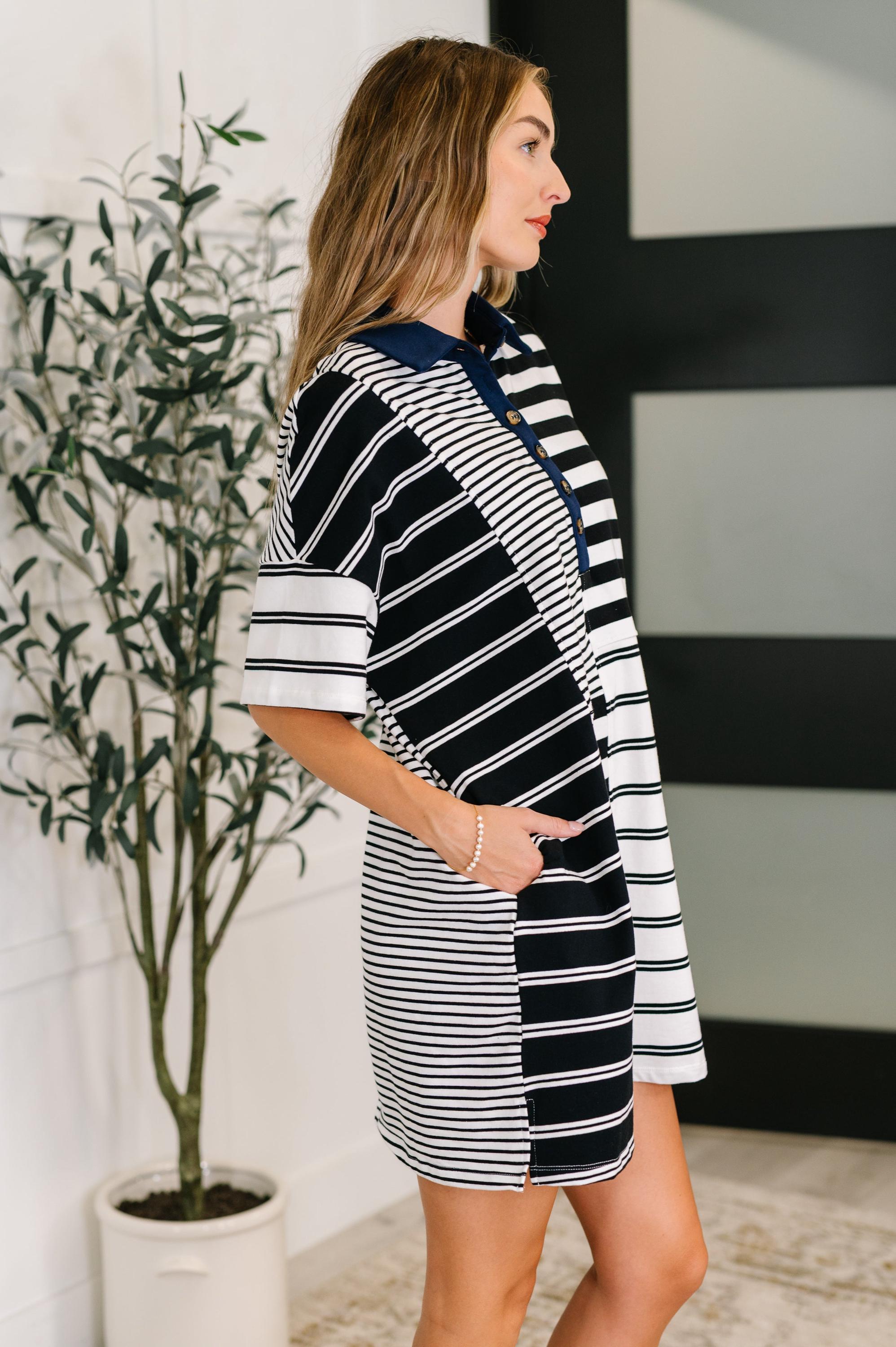 Everlasting Love Striped Collared Dress in Black and Navy — view 3