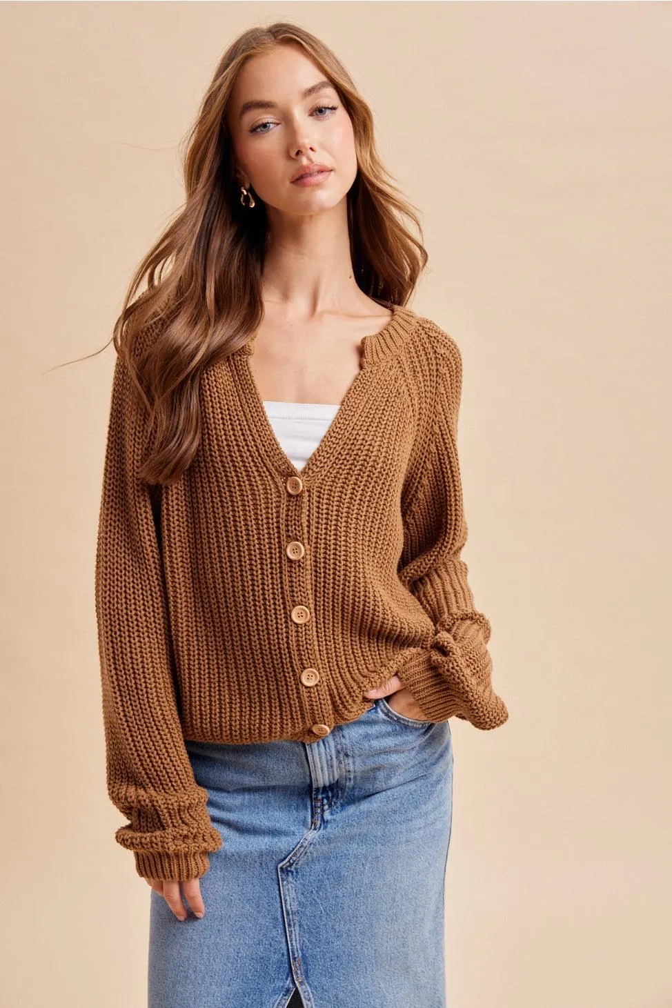 Autumn Harvest Chunky Knit Cotton Cardigan in Carmel — view 6