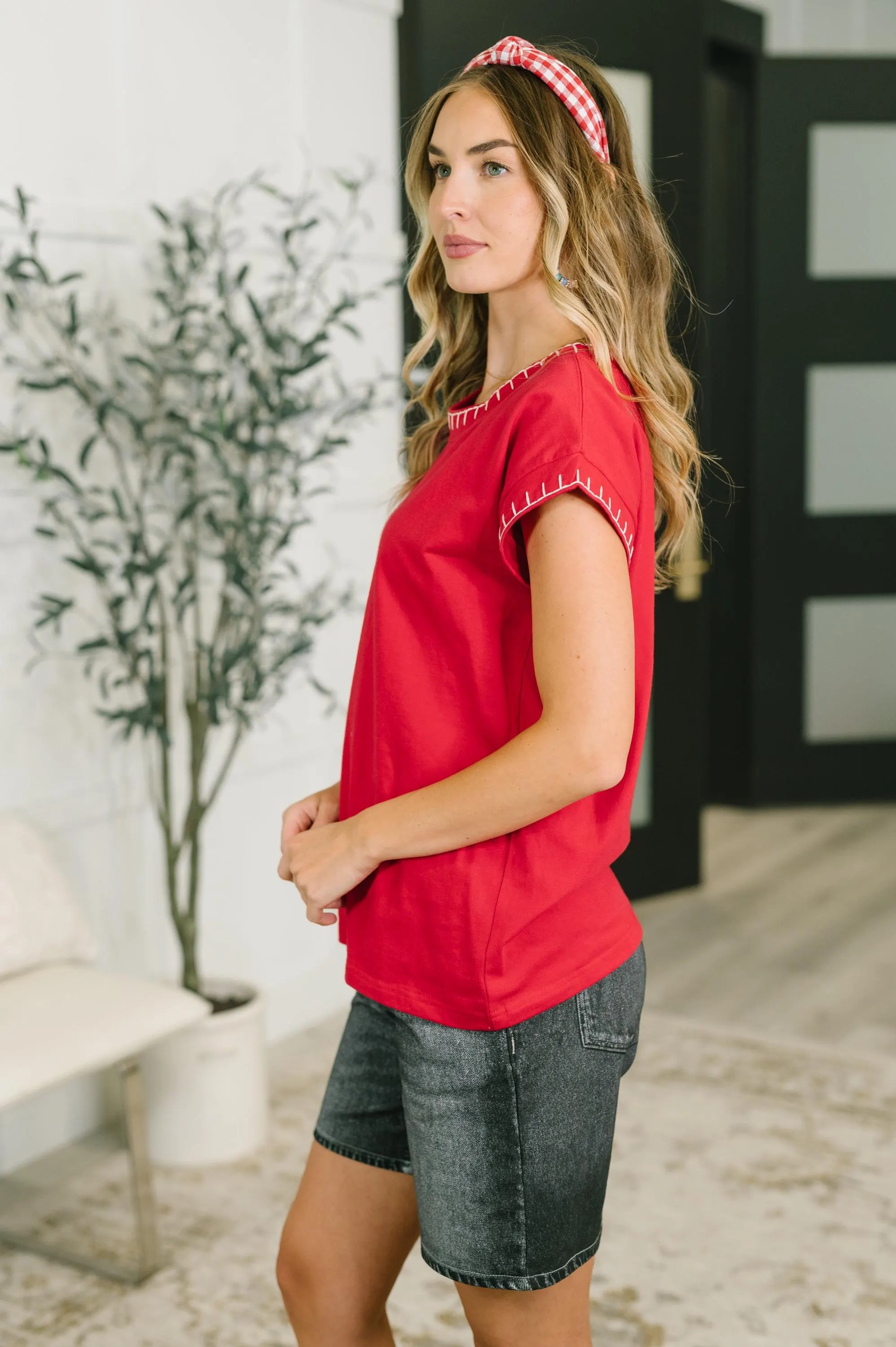 Little Details Cotton Top in Ruby — view 4