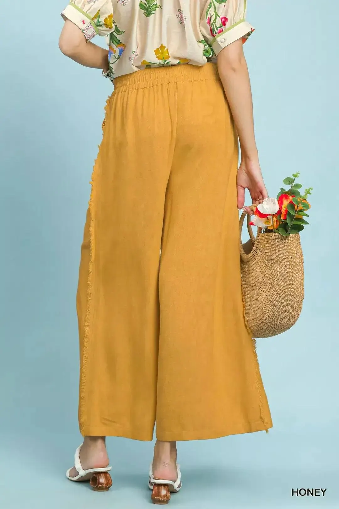 Sweet Honey Linen Frayed Side Pocket Wide Leg Pants — view 3