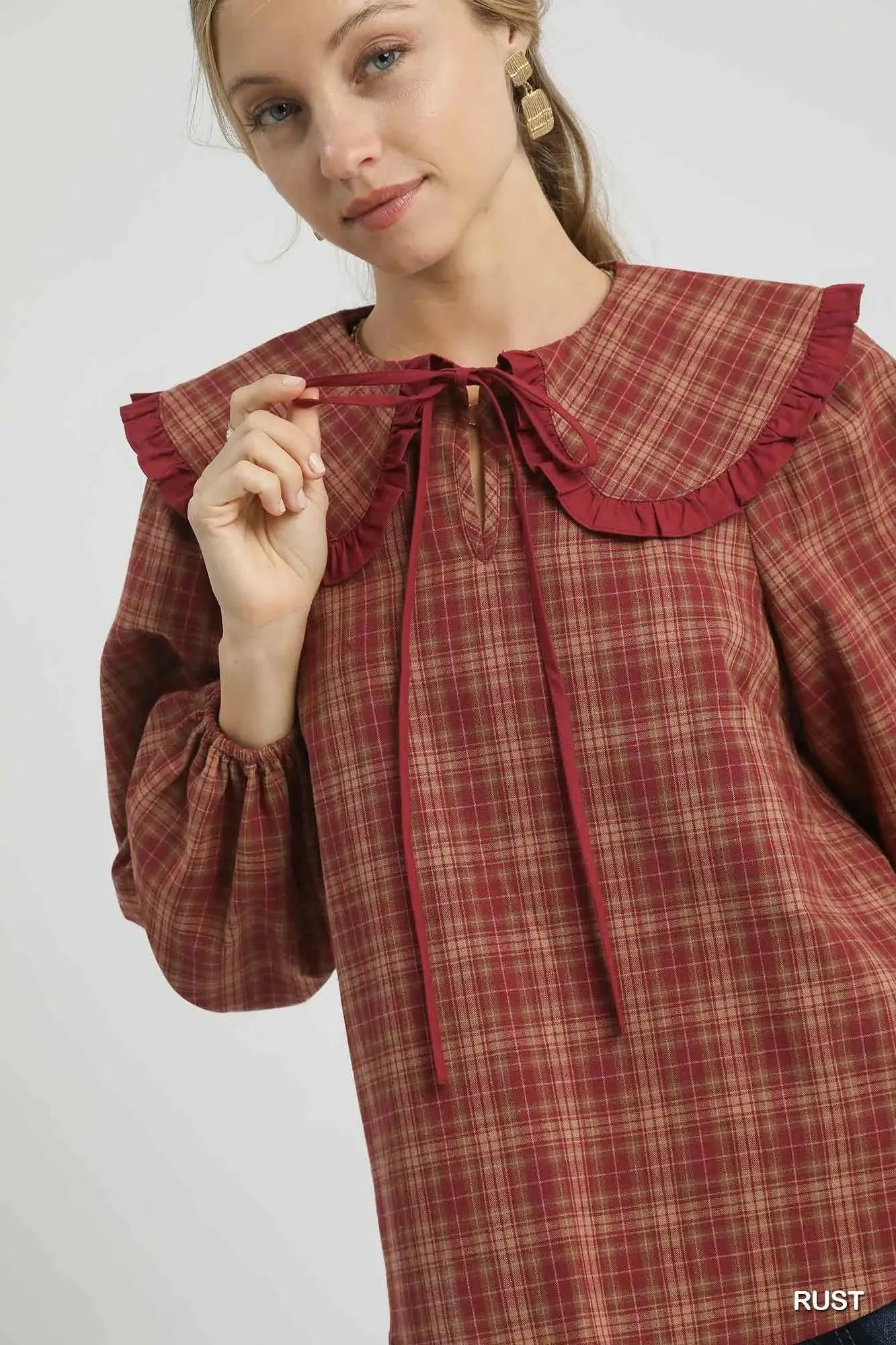Cider Season Plaid Ruffle Collar Cotton Blouse Vintage