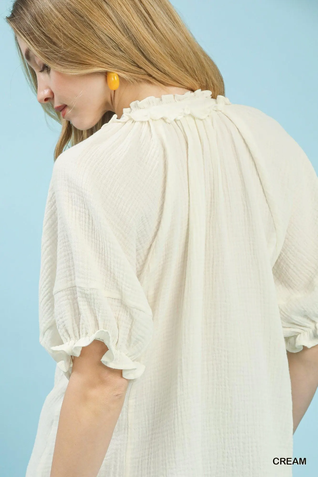 Sweet Cream Cotton Gauzy Puffy Sleeve Ruffle Top — view 6