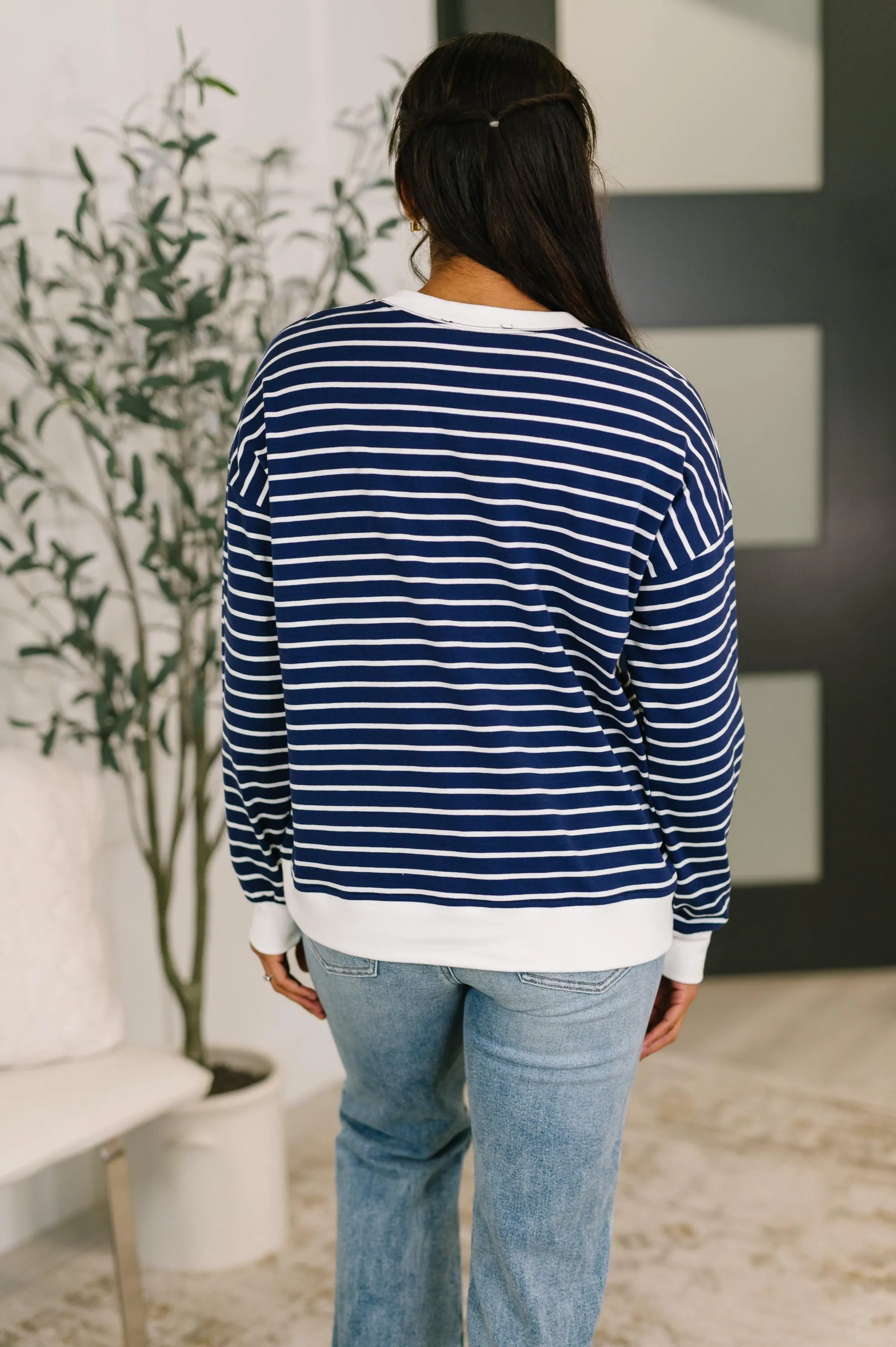Almost Therapeutic Drop Shoulder Pullover in Navy — view 6