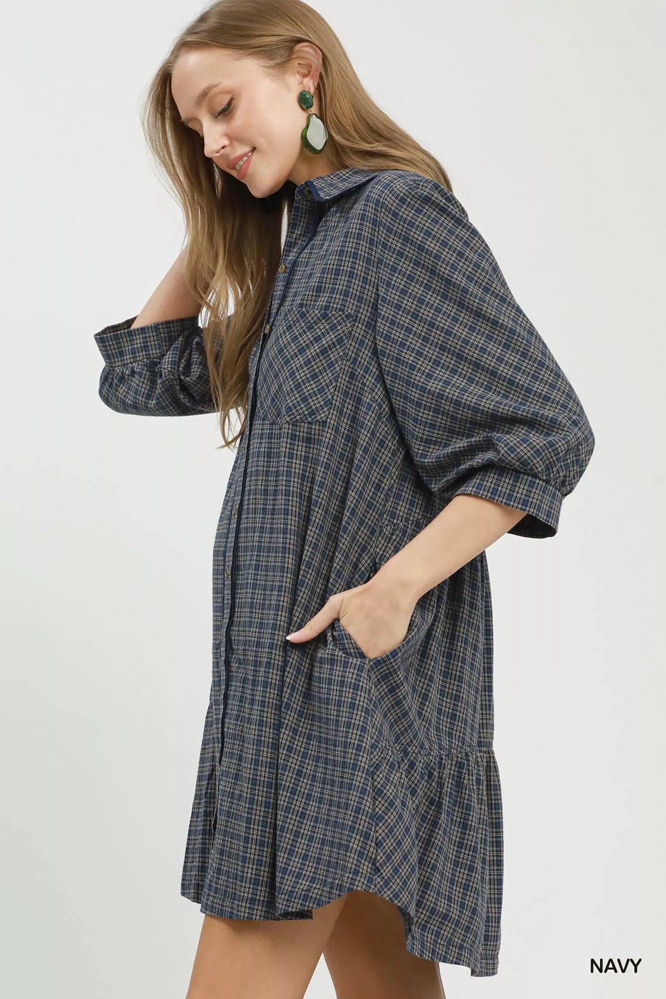 Preppy Plaid Cotton Shirt Dress — view 5