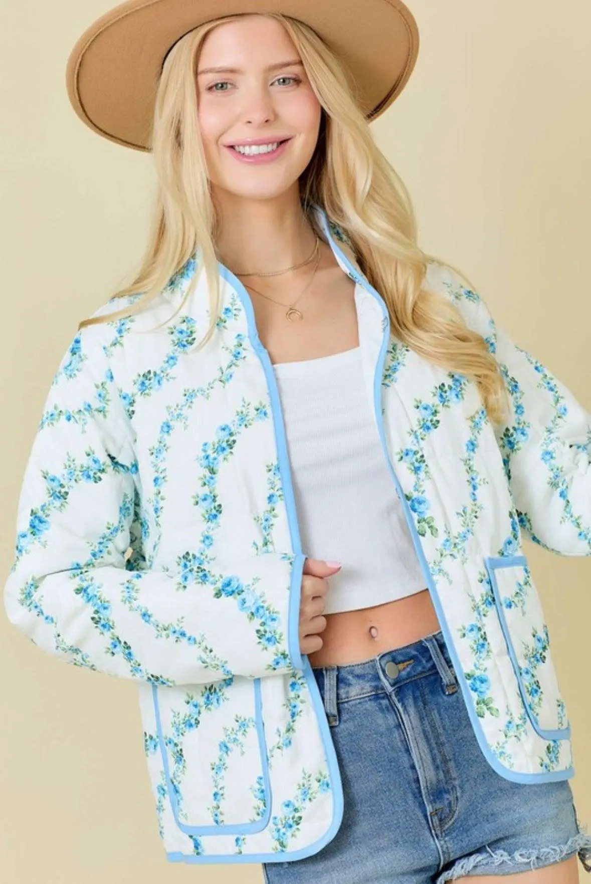 Sweetest Petals Quilted Jacket in Sky
