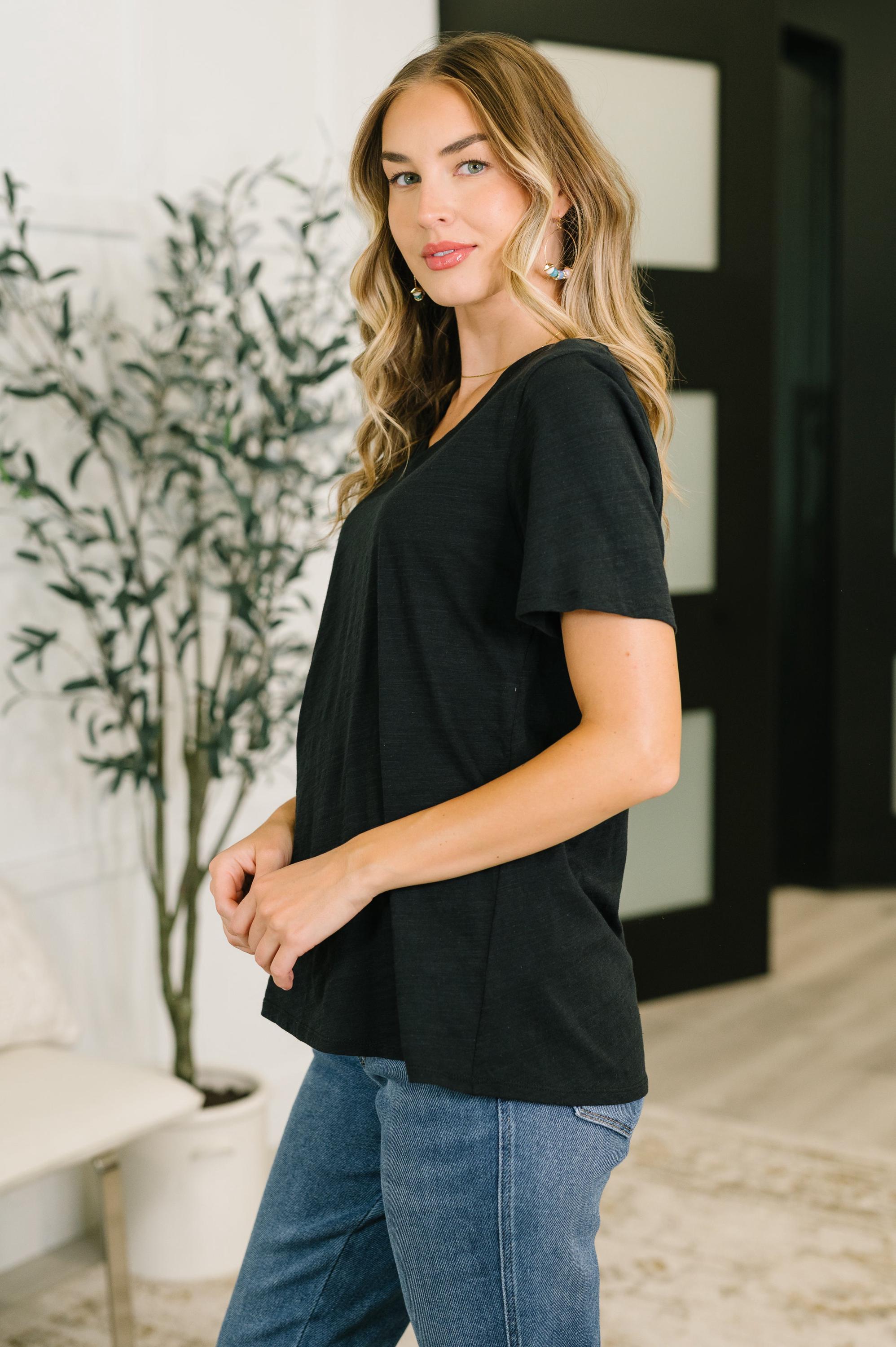 Easy Days V-neck Cotton Tee in Black — view 4