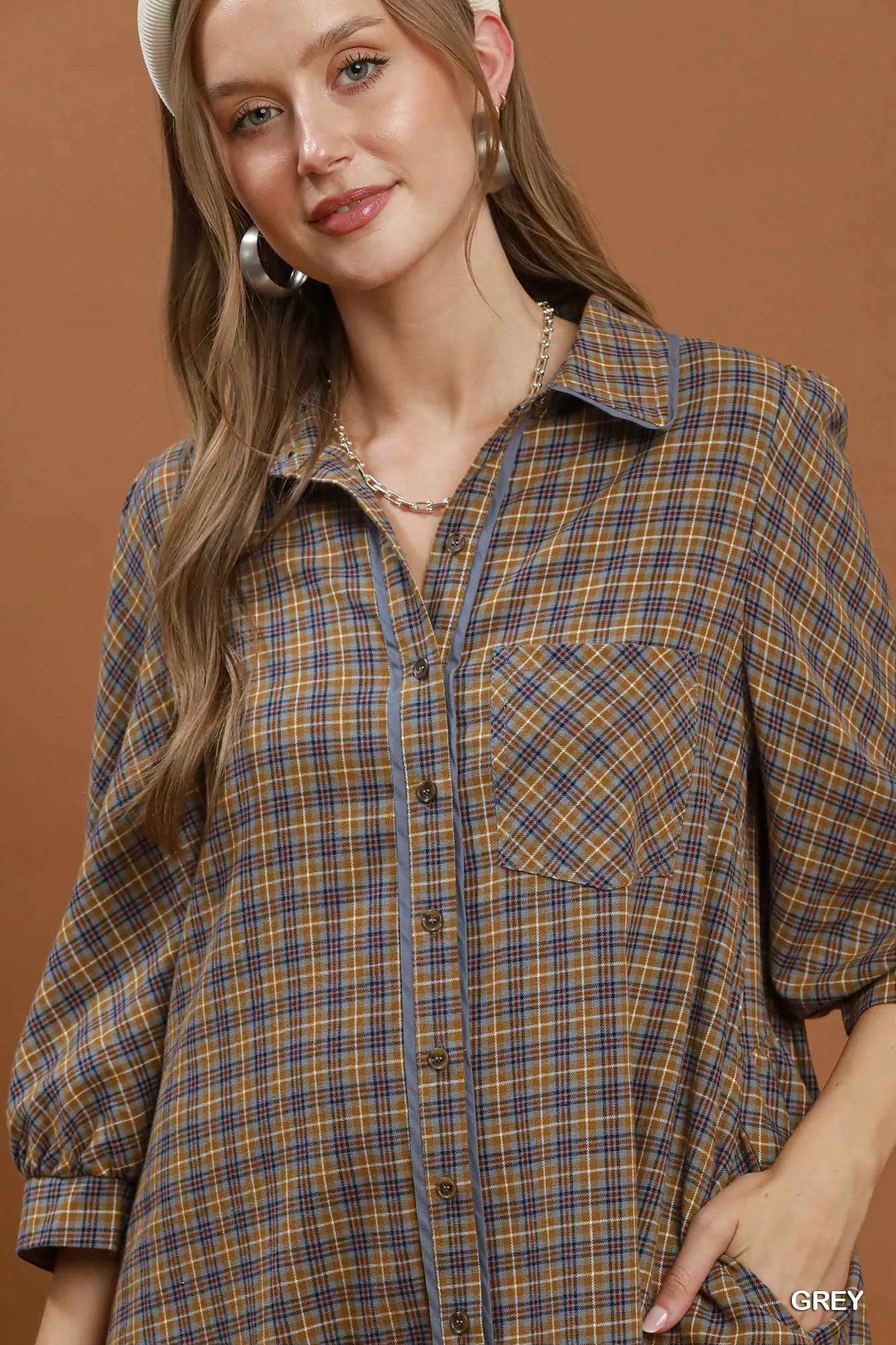 Falling for You Plaid Cotton Shirt Dress — view 6