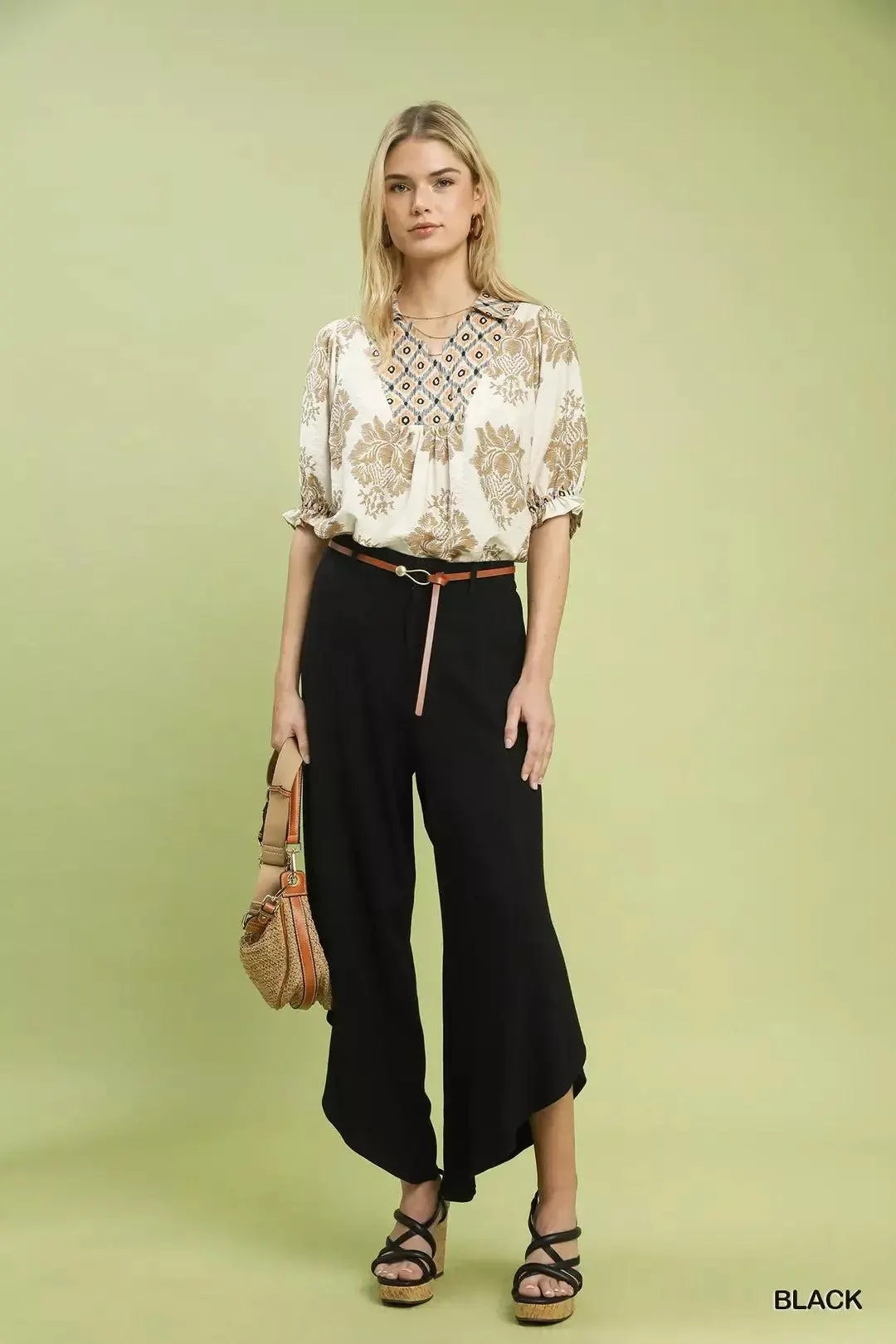 Midnight Linen Asymmetrical Hem Wide Leg Pants — view 5