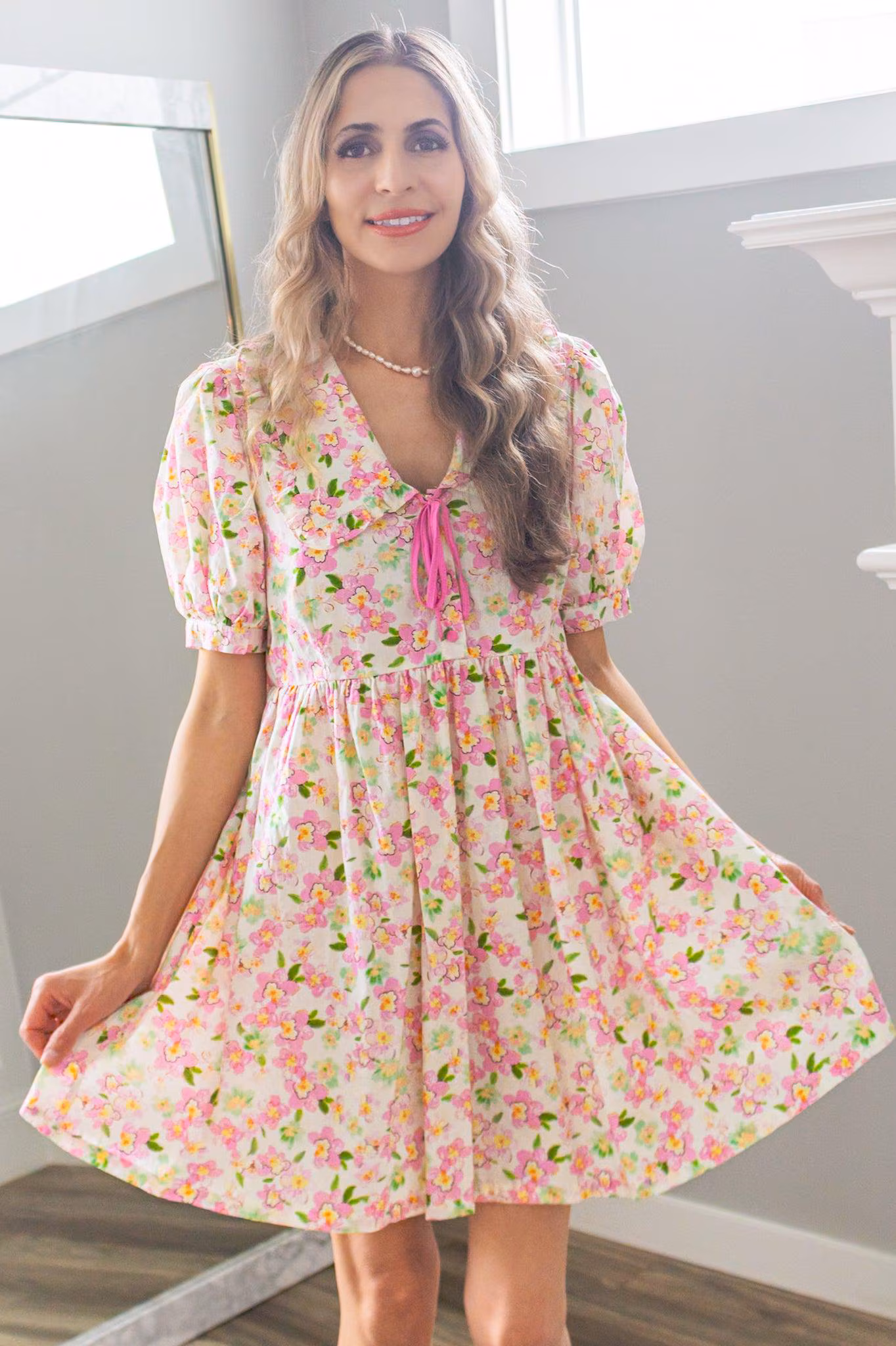 Cherry Blossom Peter Pan Collar Cotton Dress in Blush — view 4