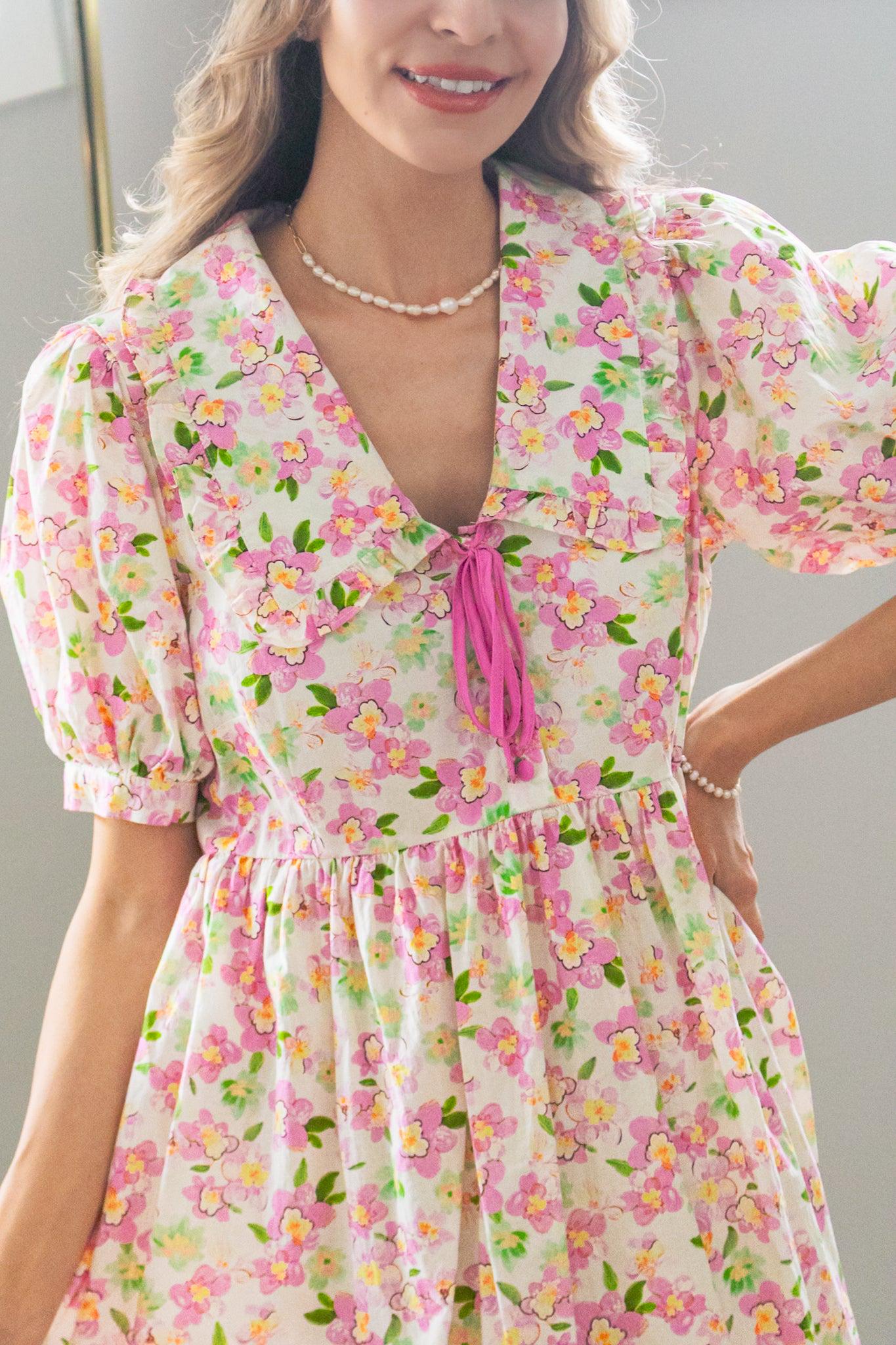 Cherry Blossom Peter Pan Collar Cotton Dress in Blush — view 3