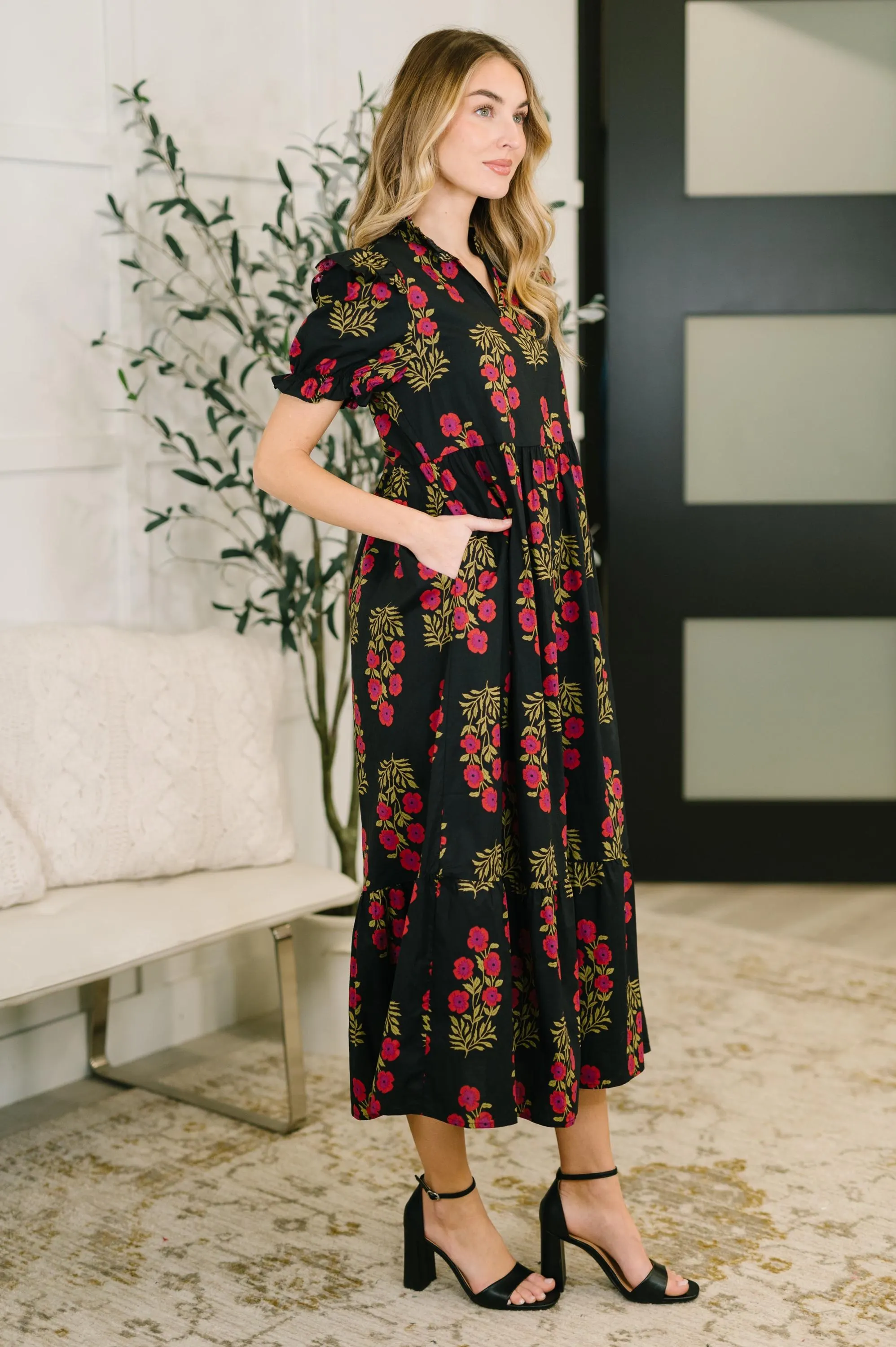 Quiet Life Notch Neck Tiered Cotton Dress in Black — view 4