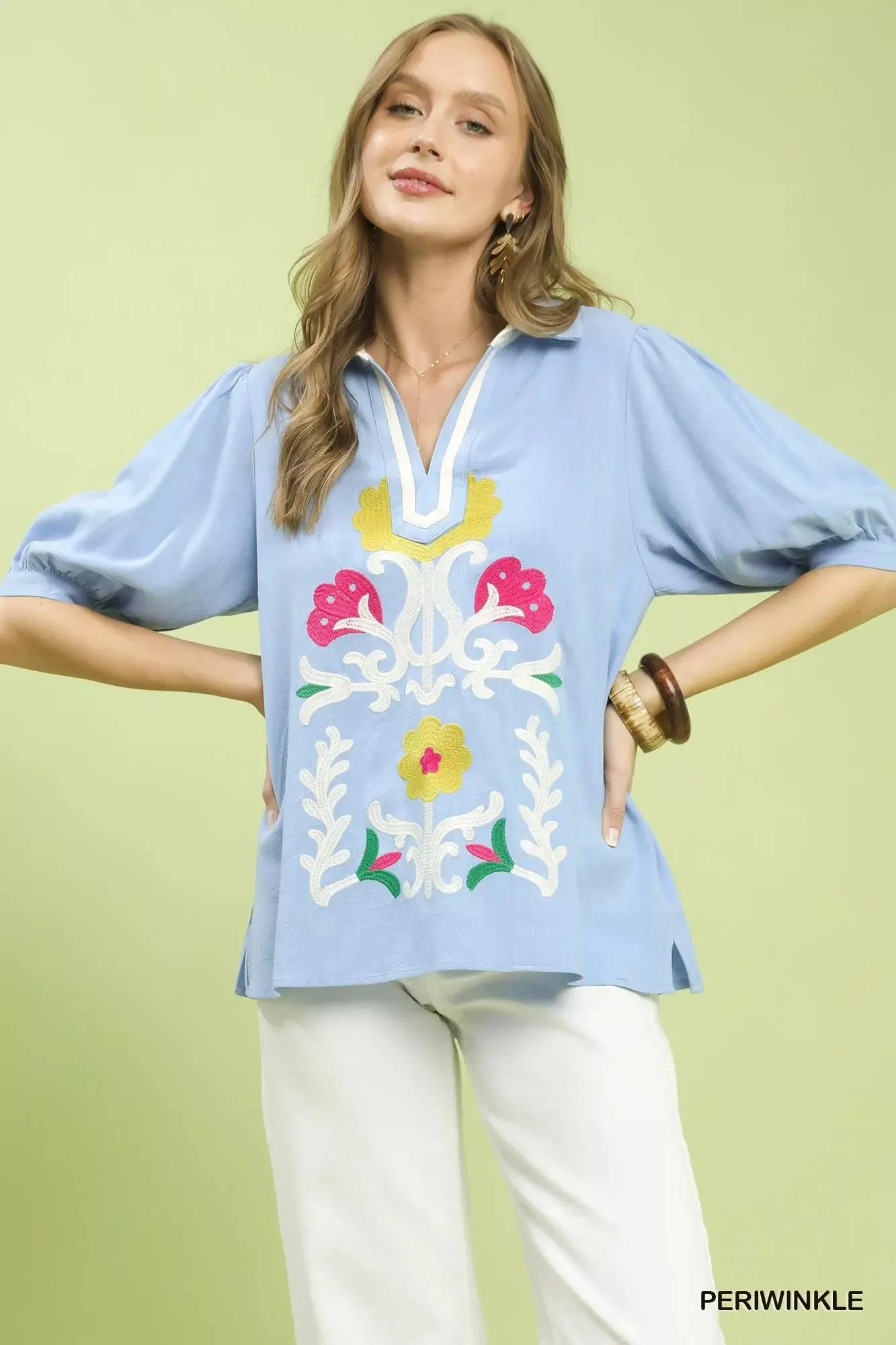 Watering the Garden Linen Blouse in Periwinkle