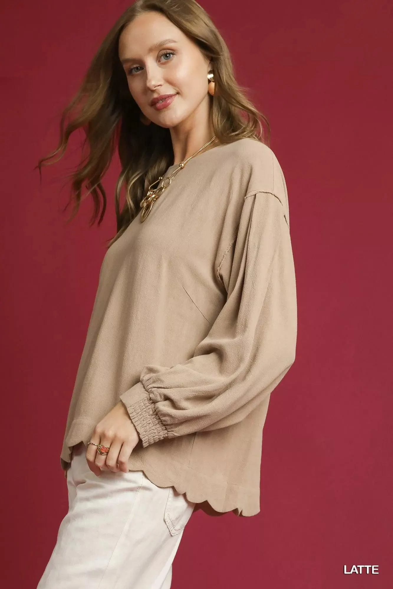 Latte Linen Scallop Hem Long Sleeve Blouse — view 3