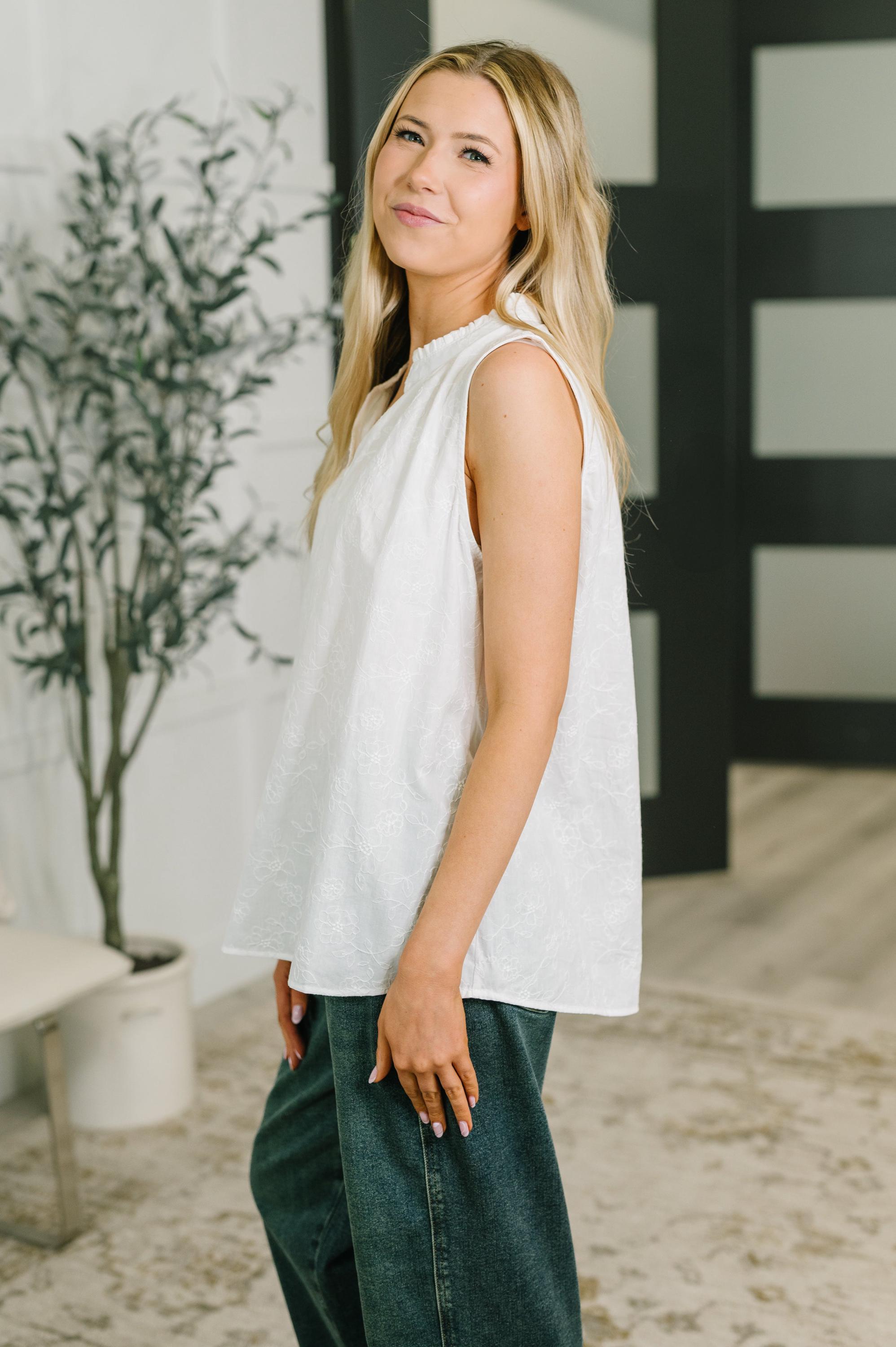 Cute Embroidered Cotton Tank in off White — view 3