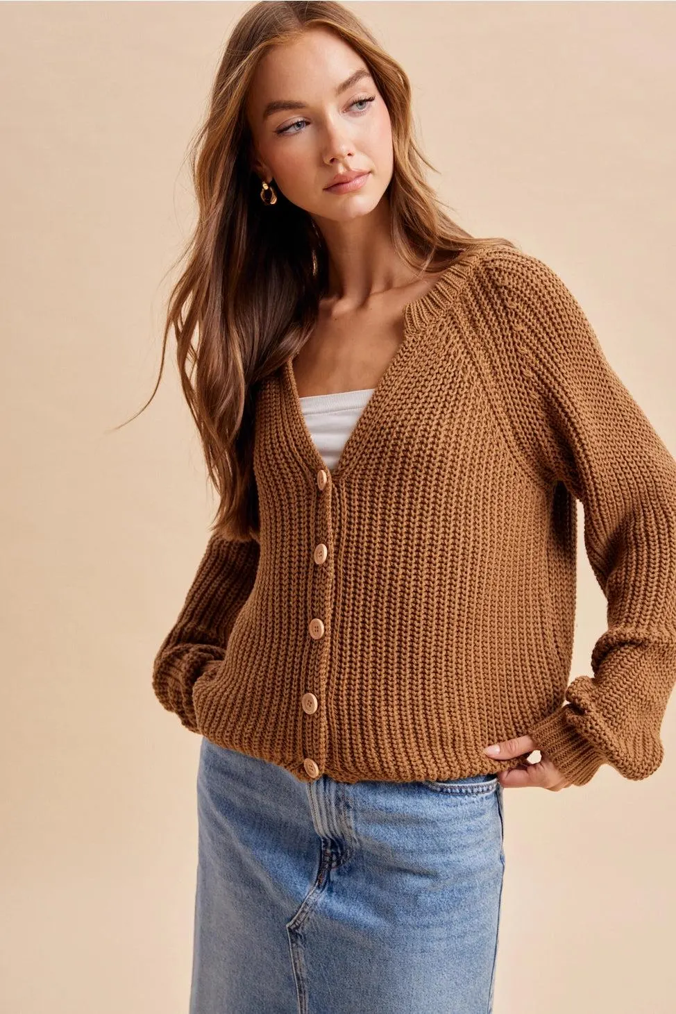 Autumn Harvest Chunky Knit Cotton Cardigan in Carmel — view 2