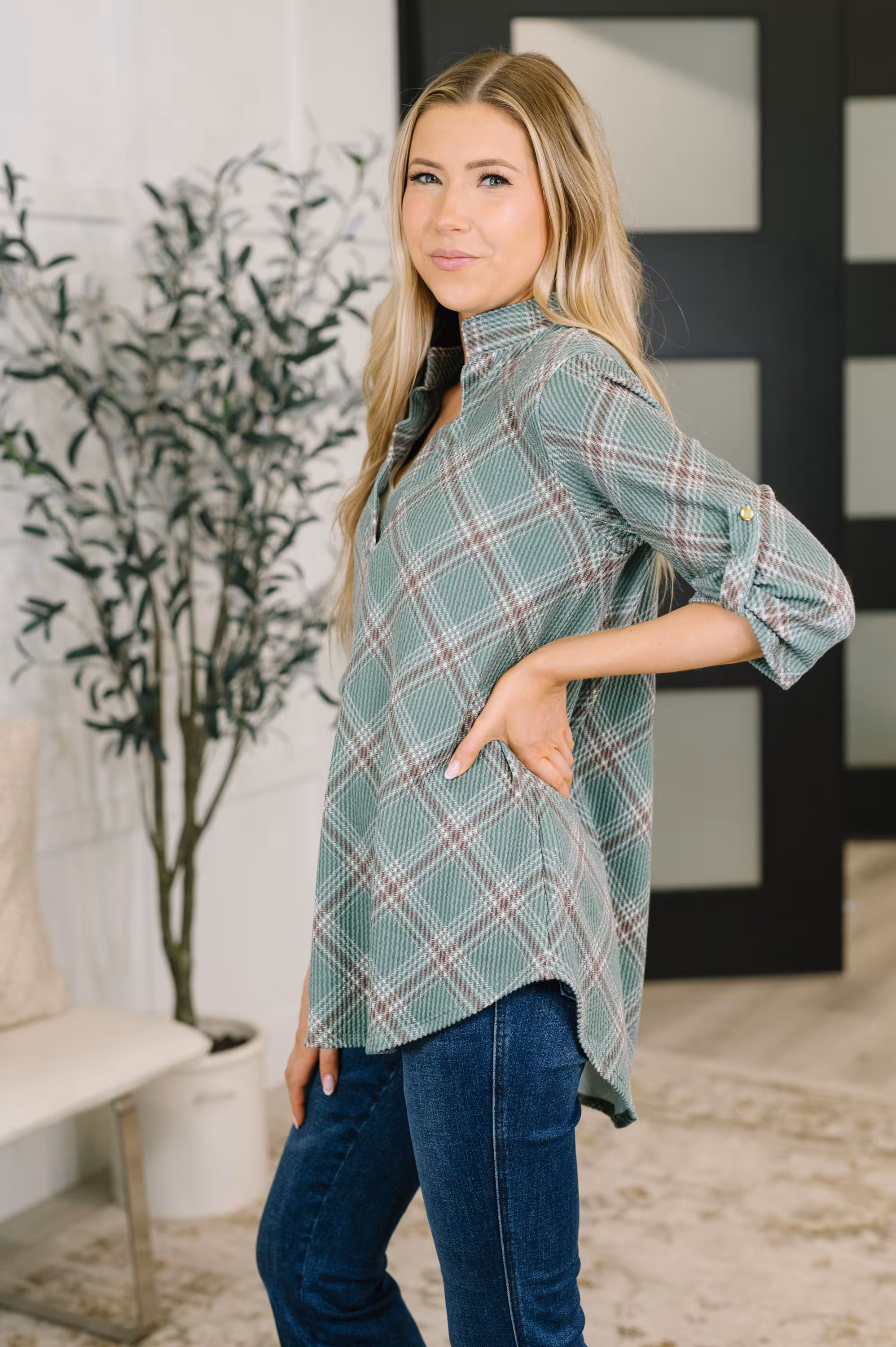 Preppy Plaid Fall so It Goes Split Neck Autumn Top — view 4