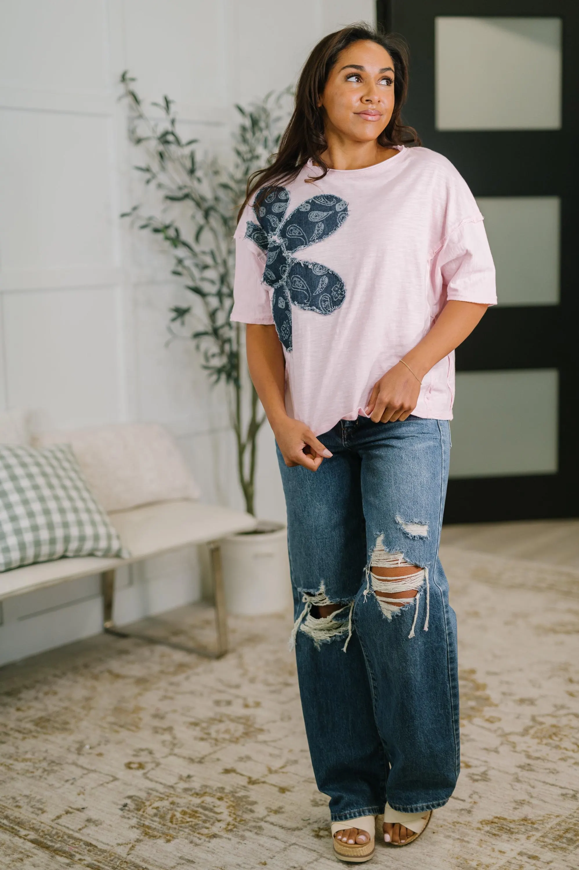 Retro Floral Applique Cotton Top — view 3