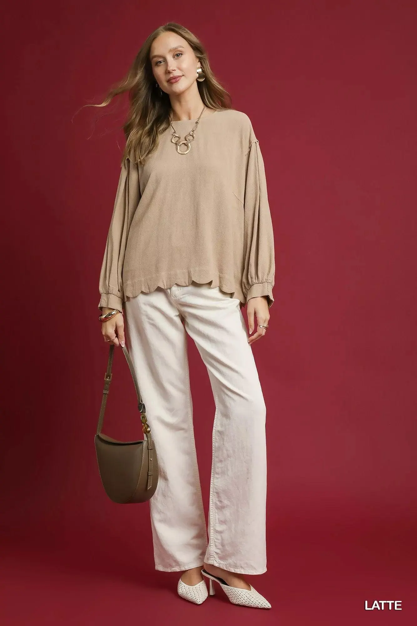 Latte Linen Scallop Hem Long Sleeve Blouse — view 5