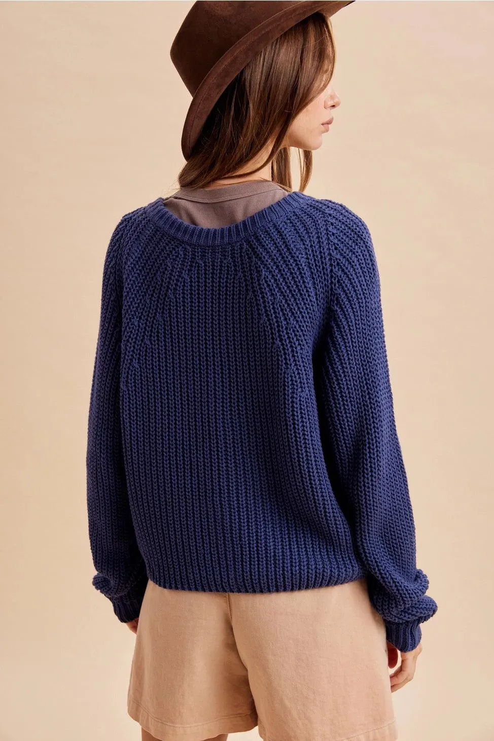 Autumn Harvest Chunky Knit Cotton Cardigan in Heritage Blue — view 6