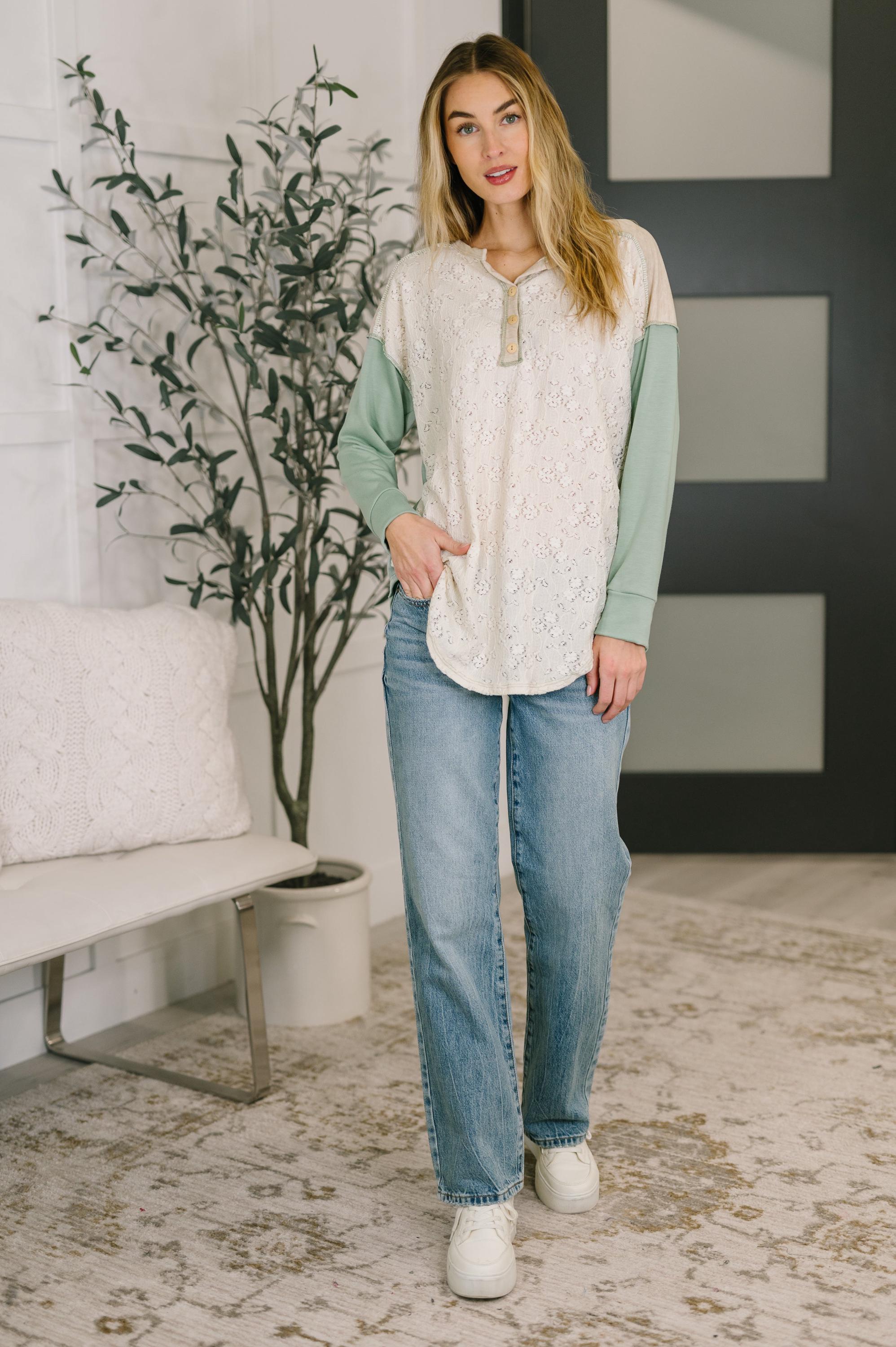 Womens Top Because I Can Drop Shoulder Henley Top — view 3