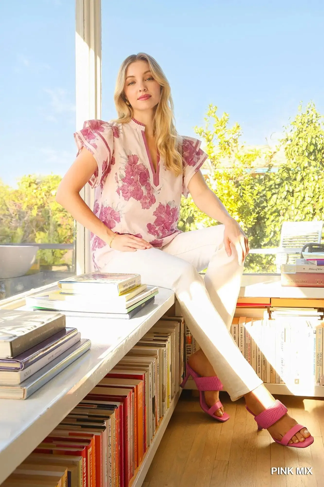 Bloom With Me Floral Cotton Ruffle Blouse in Peony — view 6