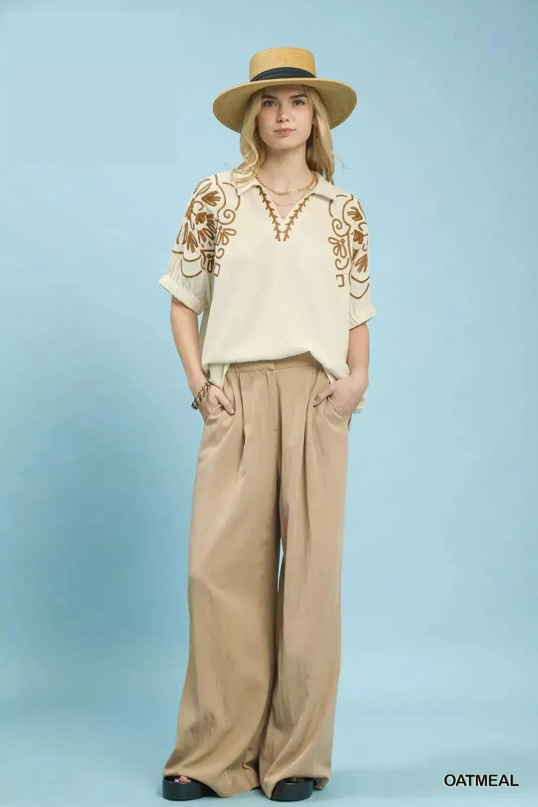 Timeless Linen Embroidered Sleeve Oversized Blouse — view 5
