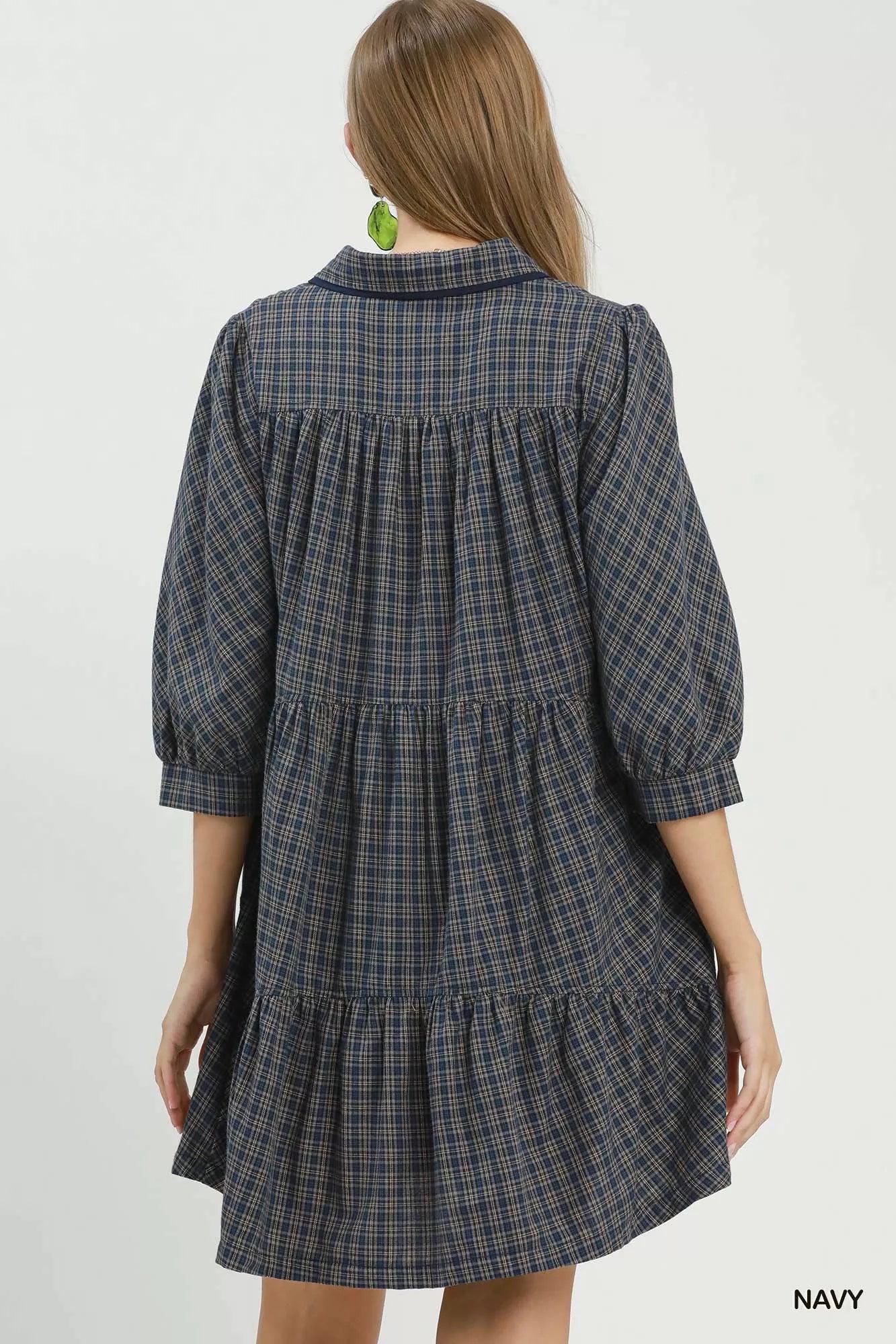 Preppy Plaid Cotton Shirt Dress — view 3