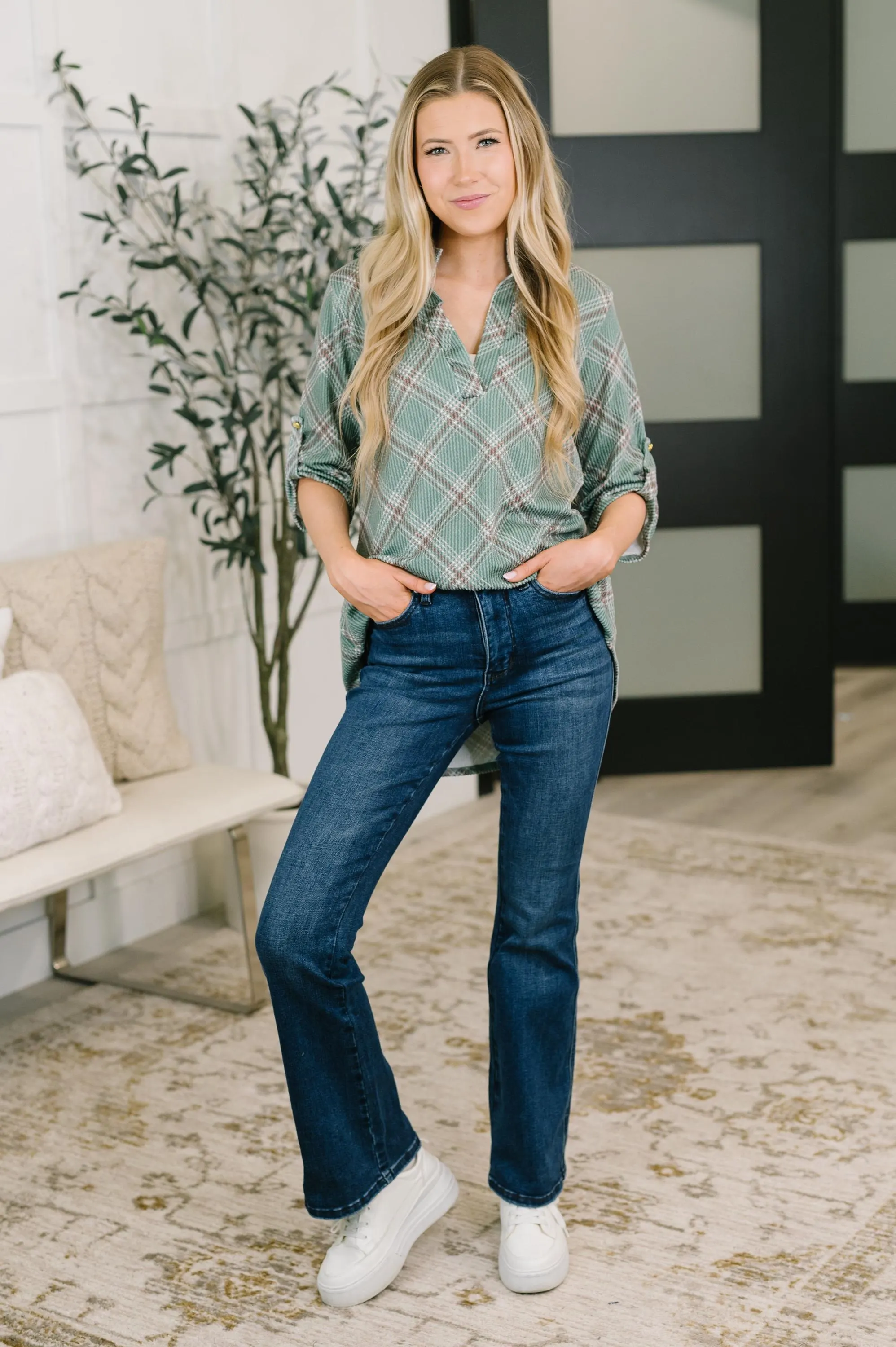 Preppy Plaid Fall so It Goes Split Neck Autumn Top — view 3