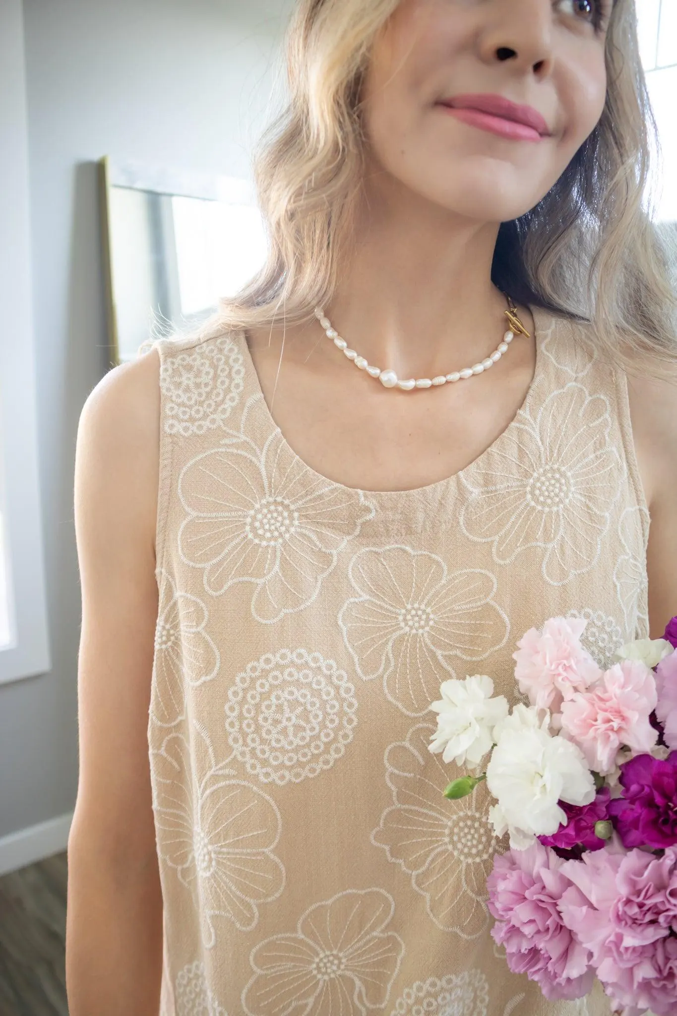 Floral Embroidery Linen Top in Sand — view 3