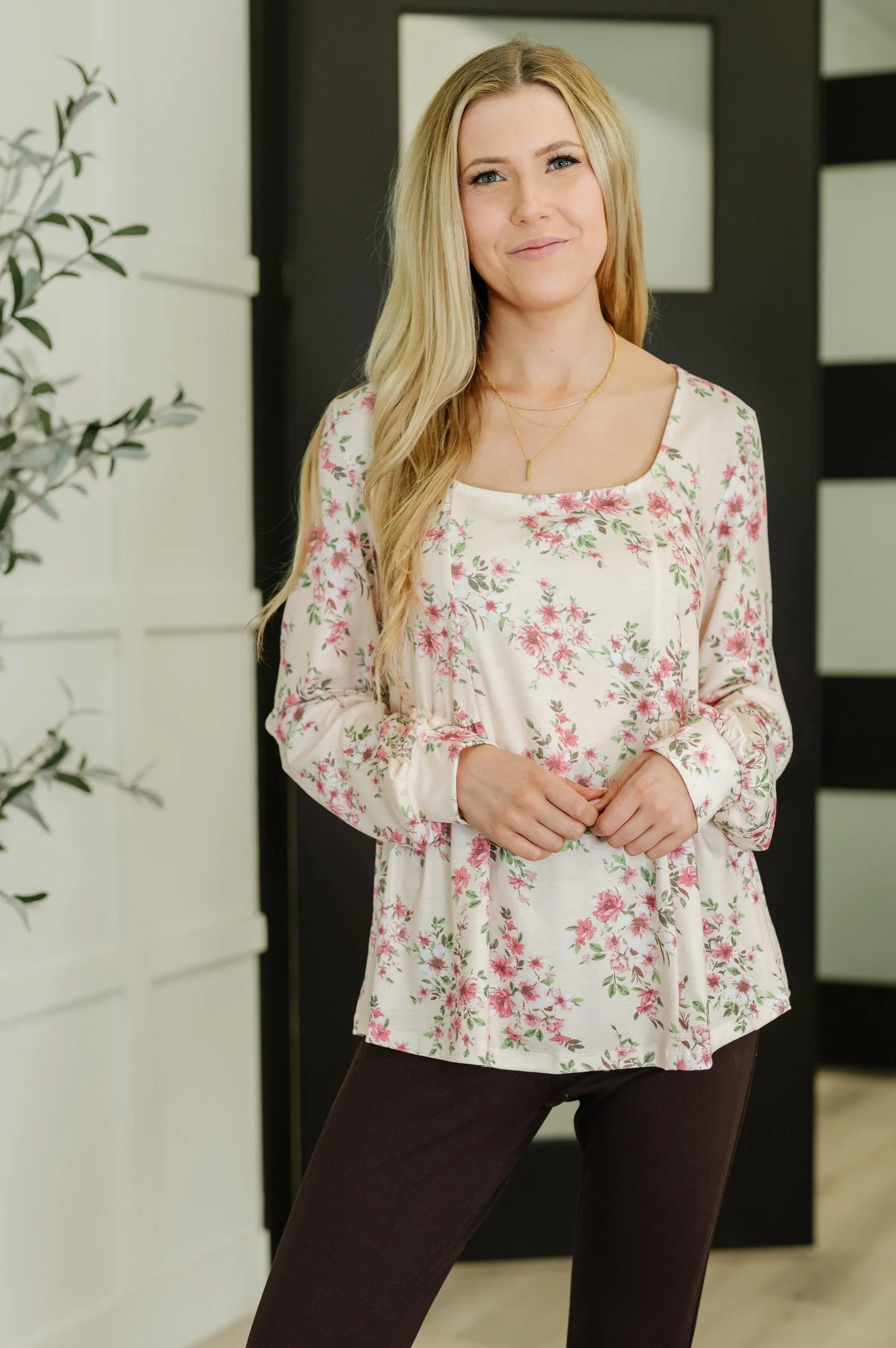 Floral Blouse - Square Neck, Long Sleeve Jersey Knit
