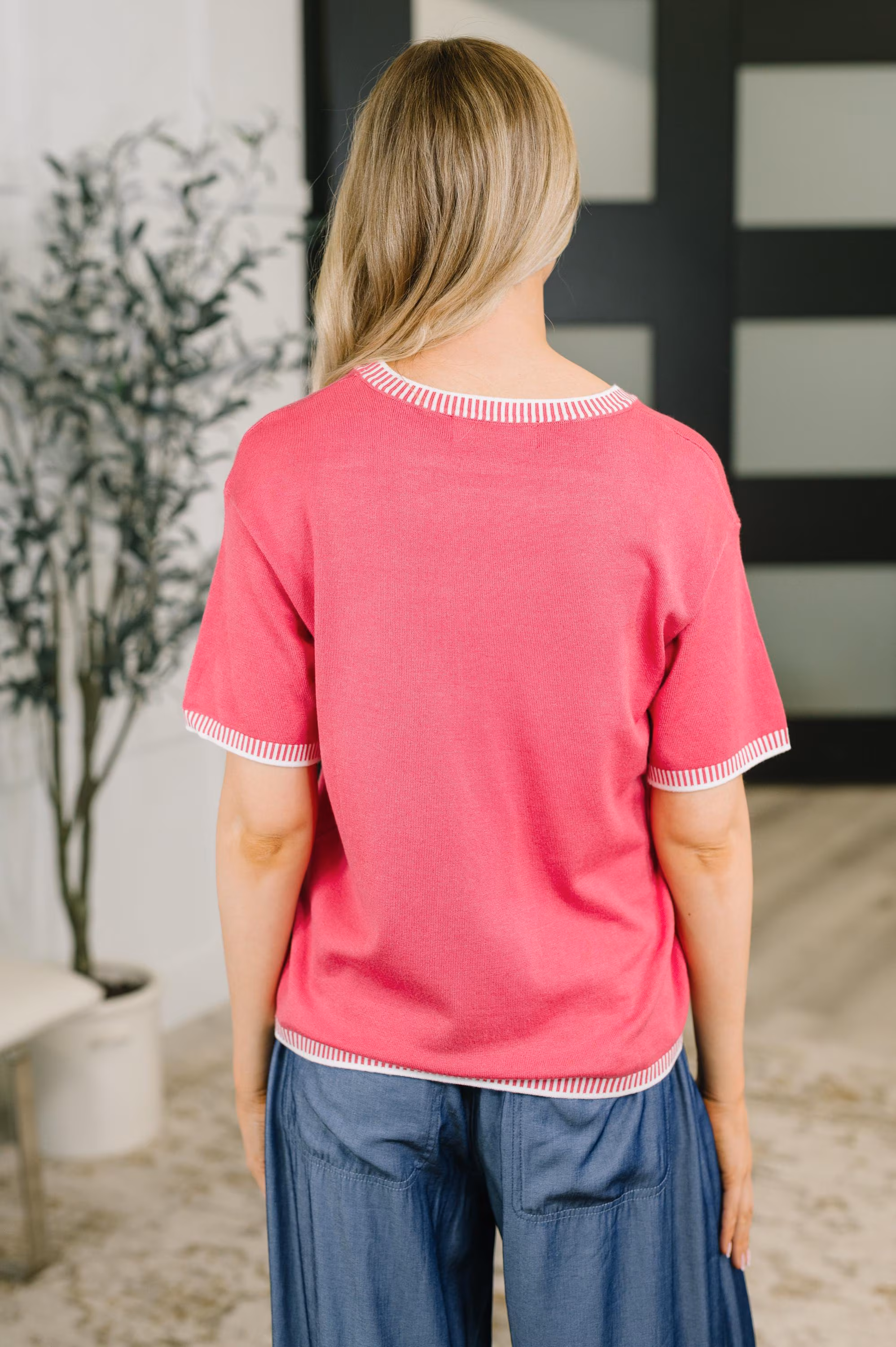 Pretty Pink Trim Detail Basic Top — view 5