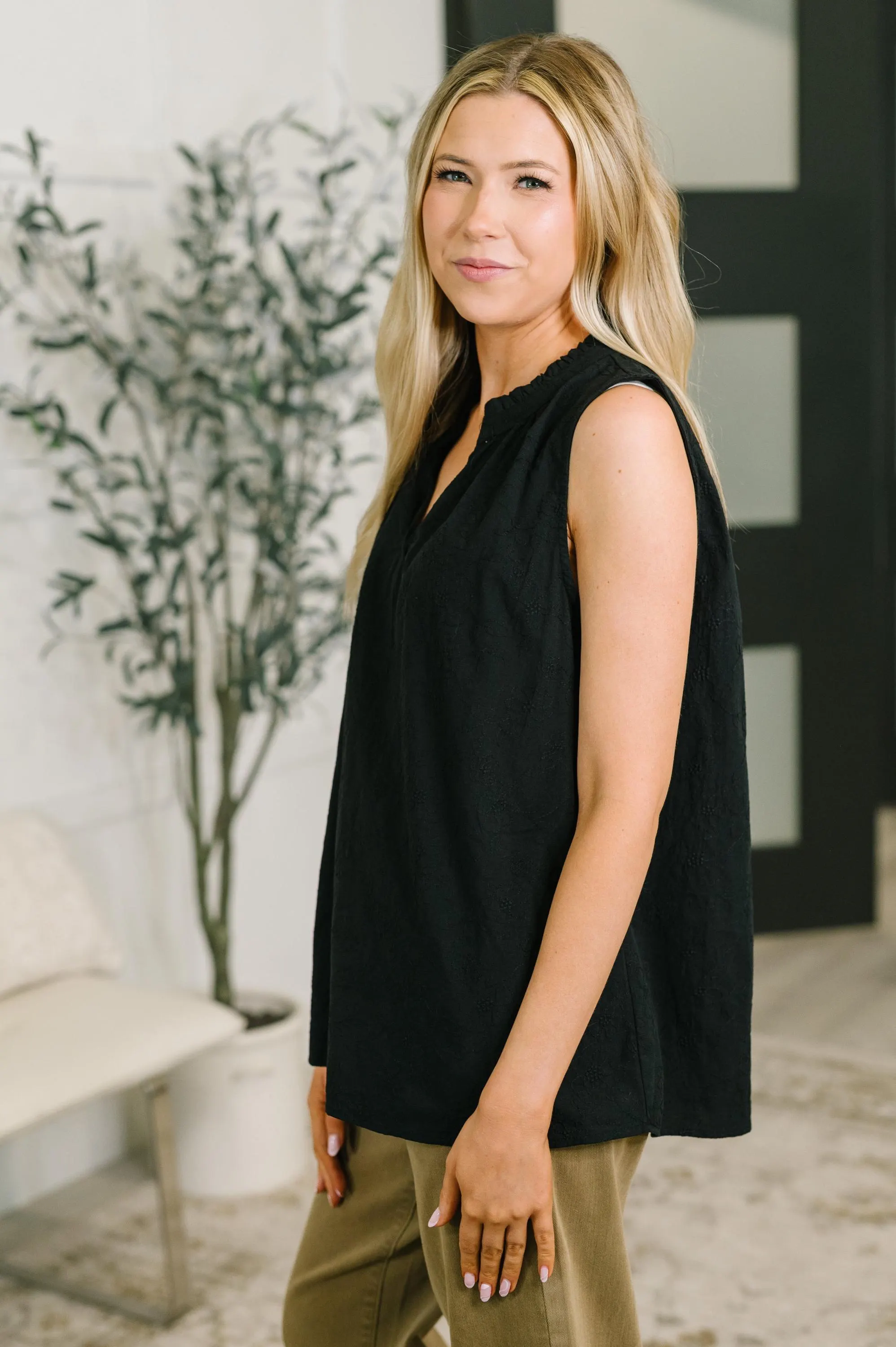 Cute Embroidered Cotton Tank in Black — view 4