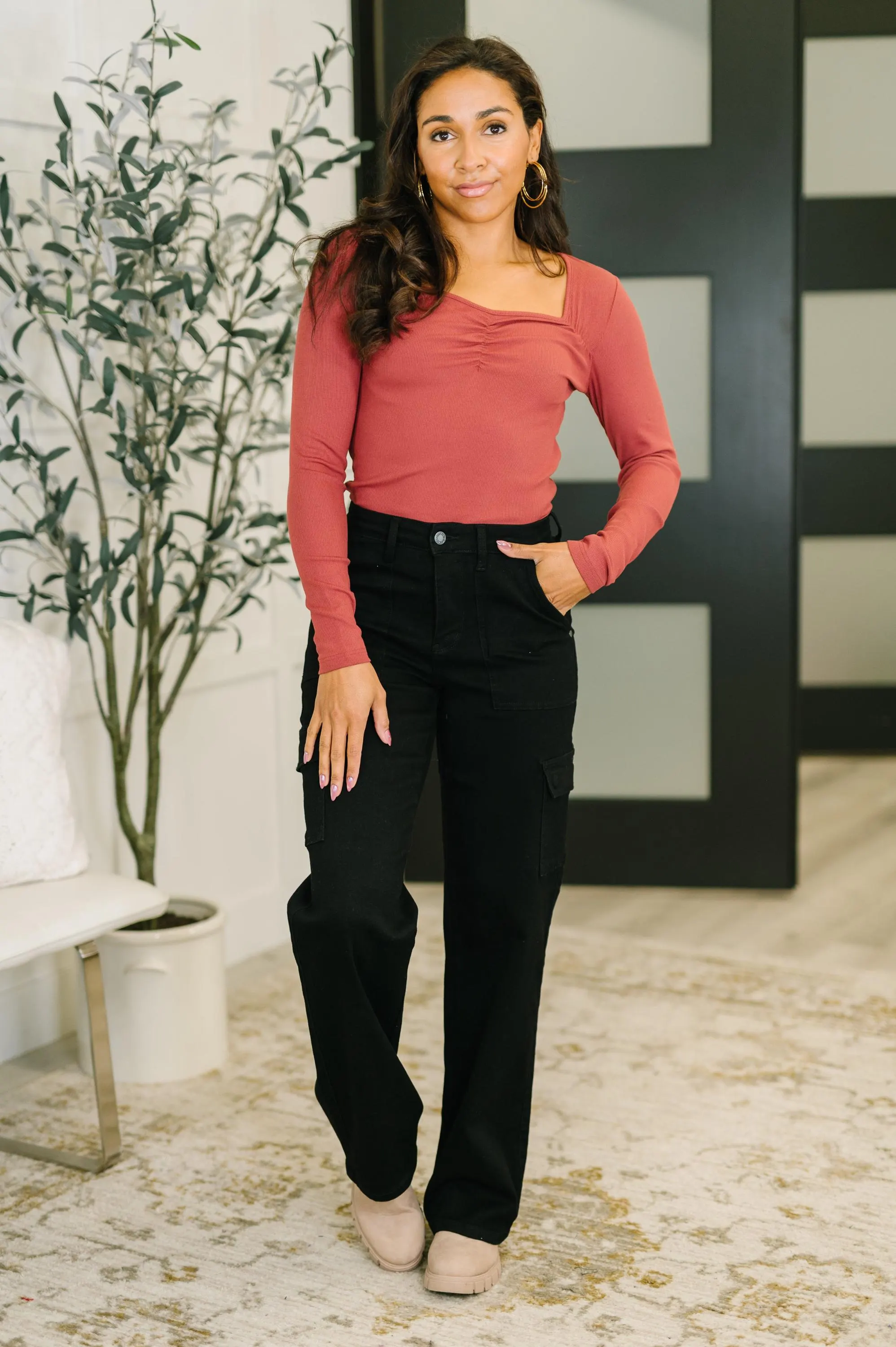 The Girls Are Back in Town Long Sleeve Top in Burgundy — view 3