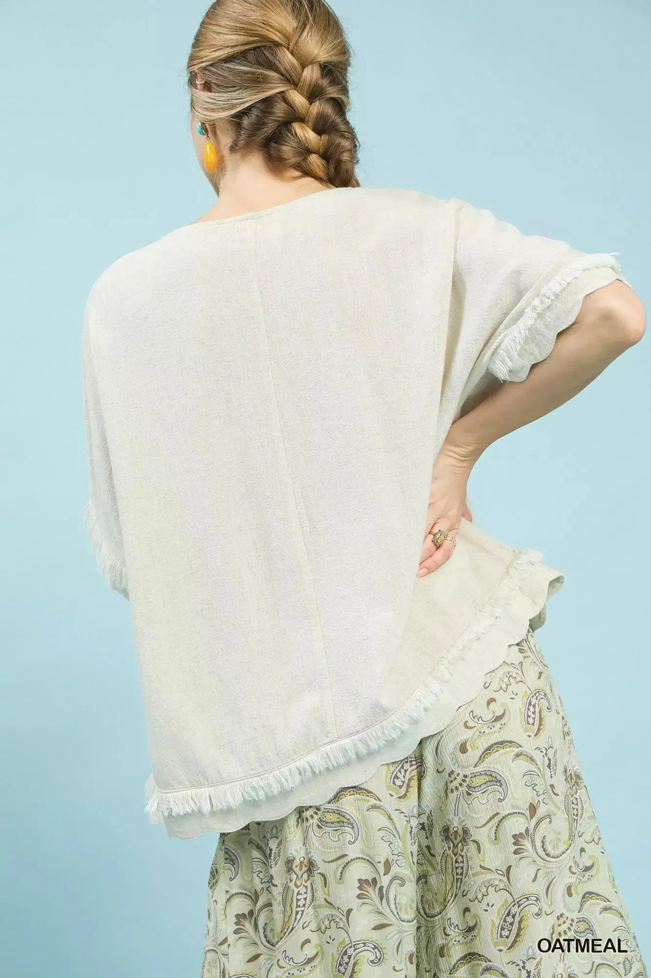 Oceanside Linen Frayed Hem Scallop Top — view 5