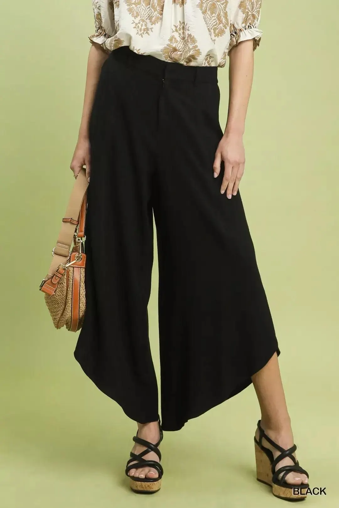 Midnight Linen Asymmetrical Hem Wide Leg Pants