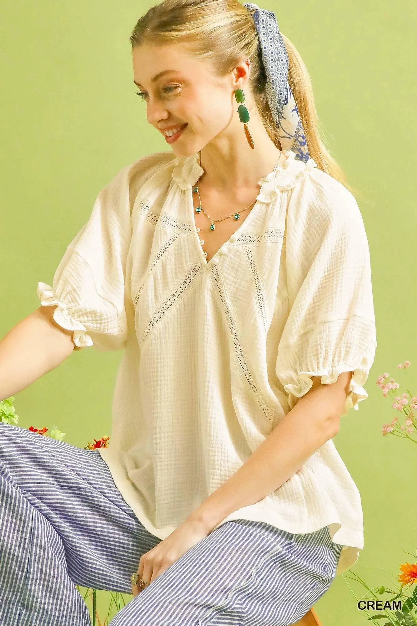 Sweet Cream Cotton Gauzy Puffy Sleeve Ruffle Top