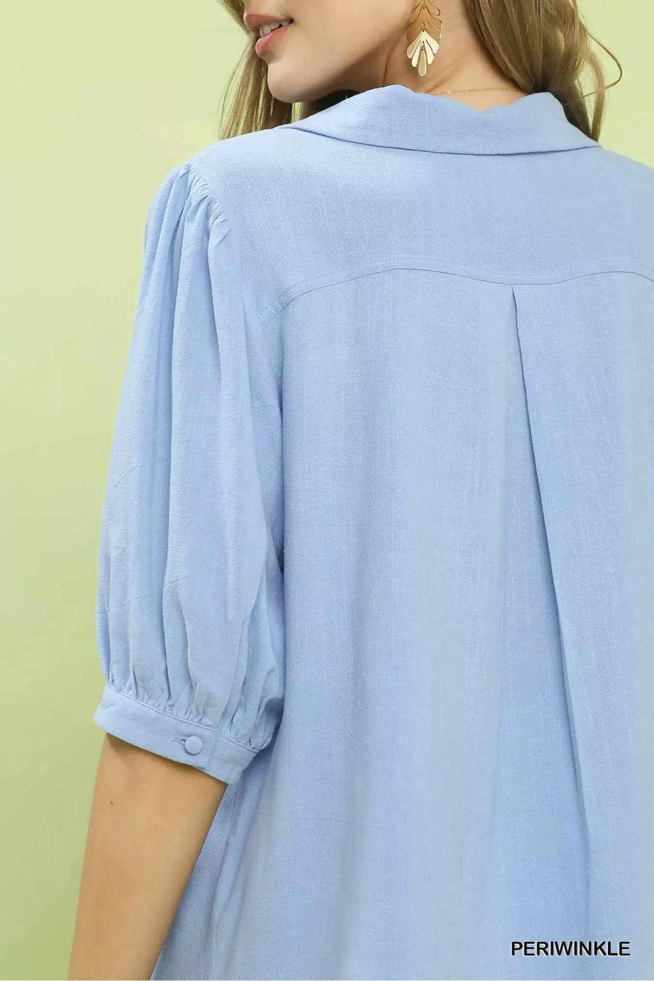 Watering the Garden Linen Blouse in Periwinkle — view 4