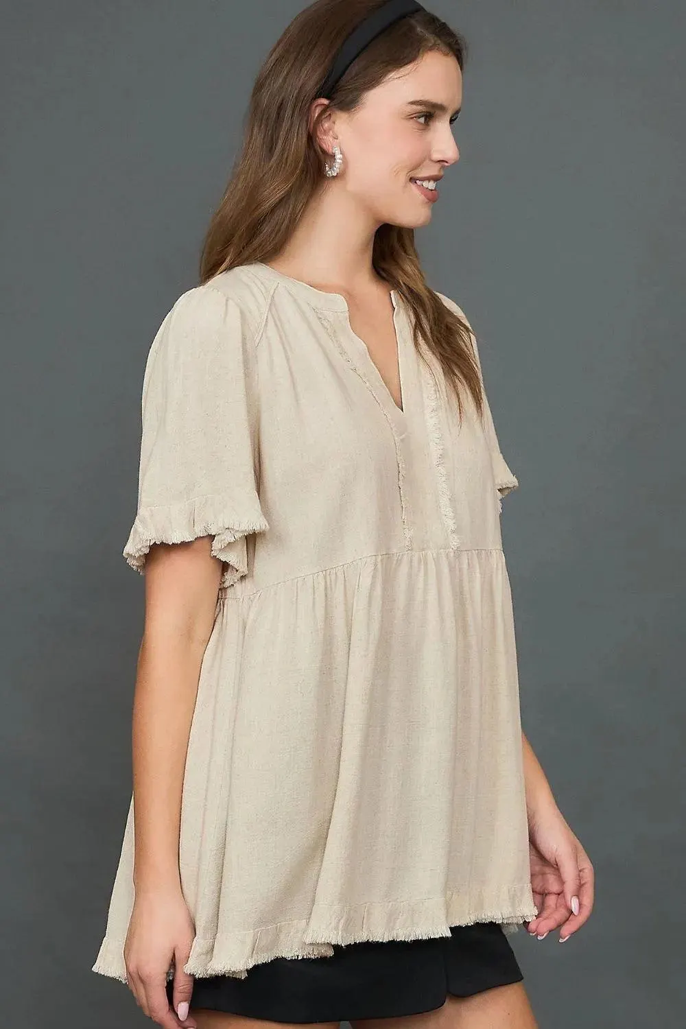 Dreamy Days Raw Hem Babydoll Linen Blouse — view 5