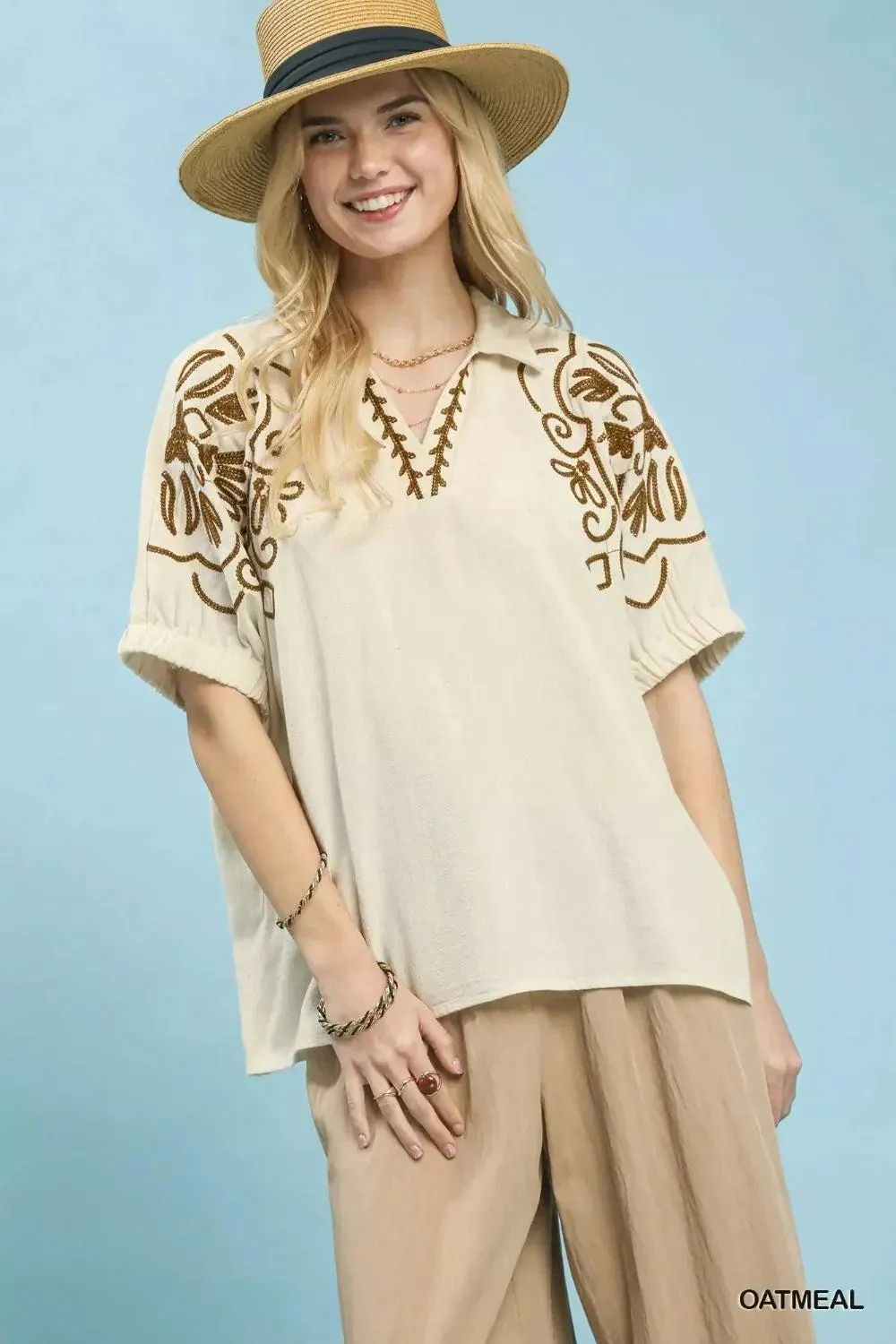 Timeless Linen Embroidered Sleeve Oversized Blouse