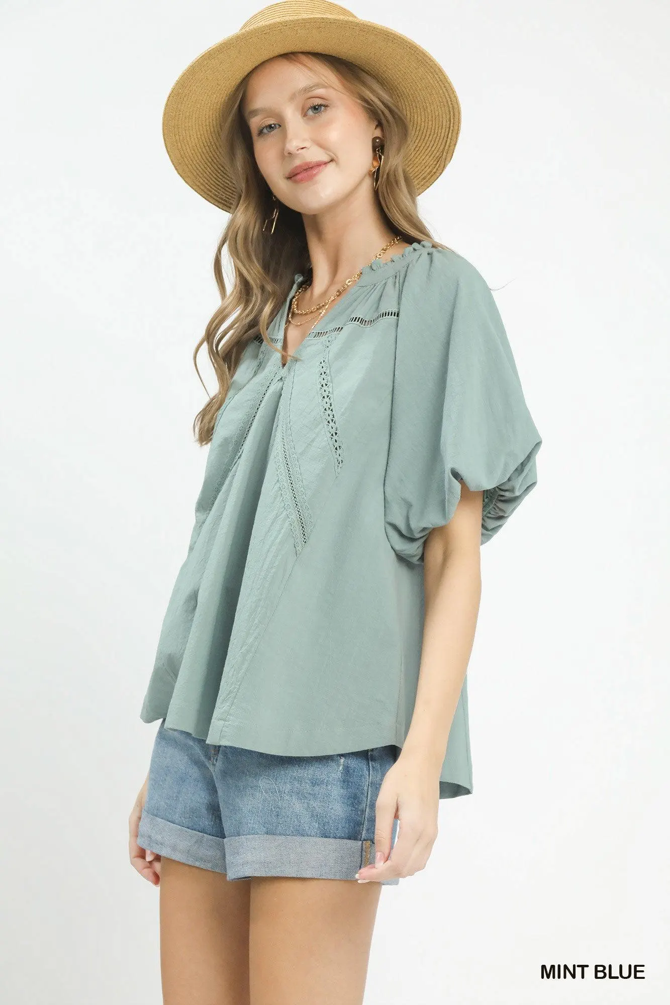 Sweet Mint Lace Puffy Sleeve Cotton Blouse — view 2